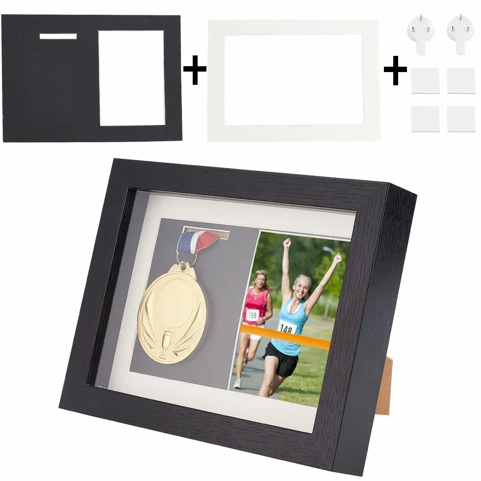 OLYCRAFT Caja de Sombra de medallas Negra, Marco de Fotos de Madera Natural con Ventana Transparente para medallas Militares, Etiquetas de Playa coleccionables 175 x 182 x 227 mm