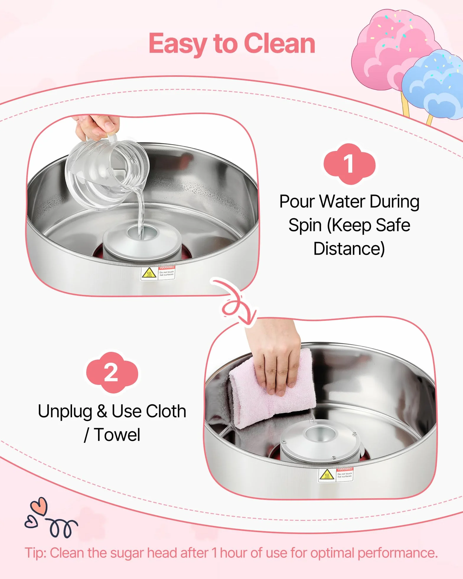 VEVOR Máquina de Algodón de Azúcar Eléctrica 1000 W 38 x 38 x 34 cm Rosa