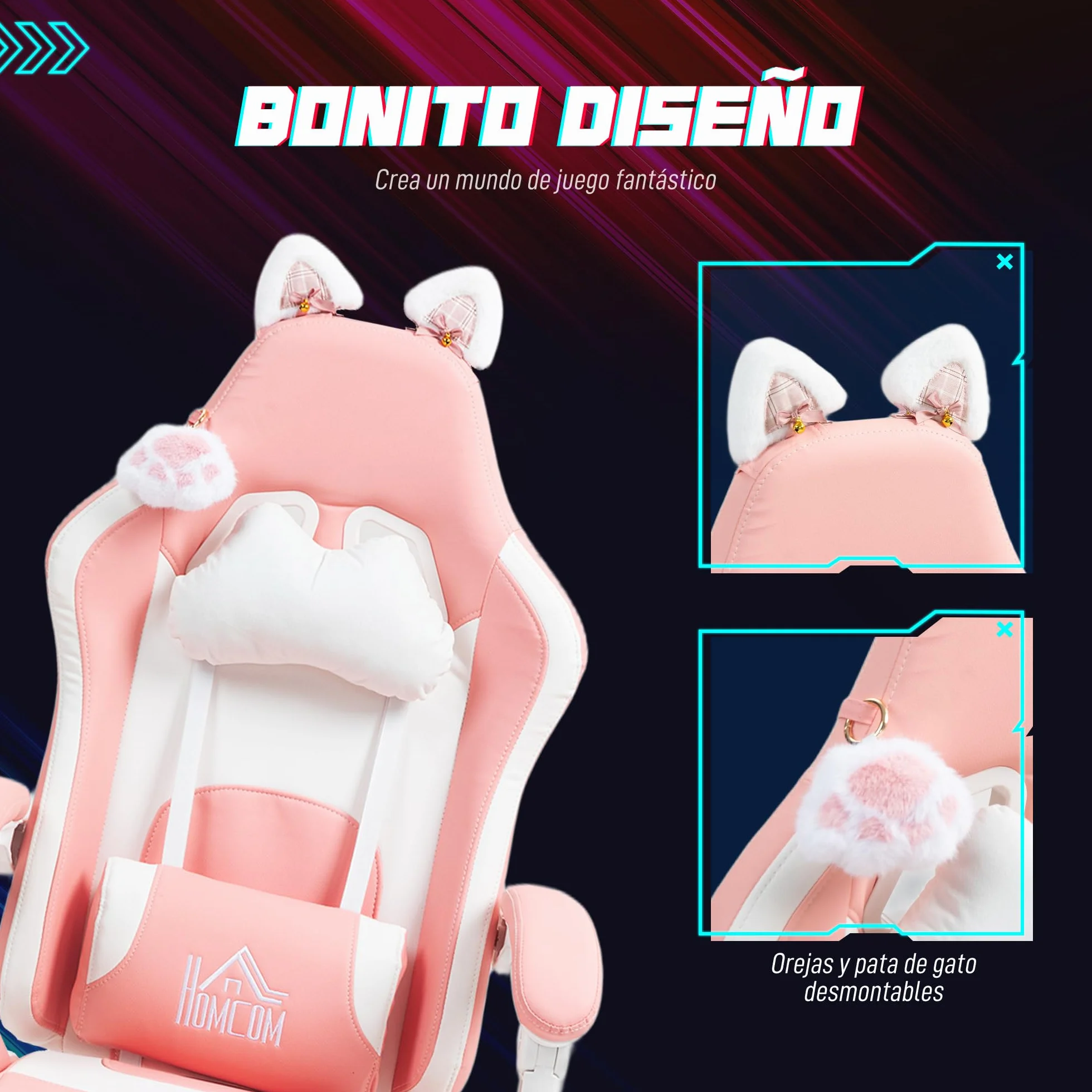 HOMCOM Silla Gaming con Orejas Silla Gamer Reclinable 135° con Altura Ajustable Reposapiés Retráctil Soporte Lumbar Giratorio 360° y Reposacabezas Desmontable Silla para Oficina Estudio Rosa
