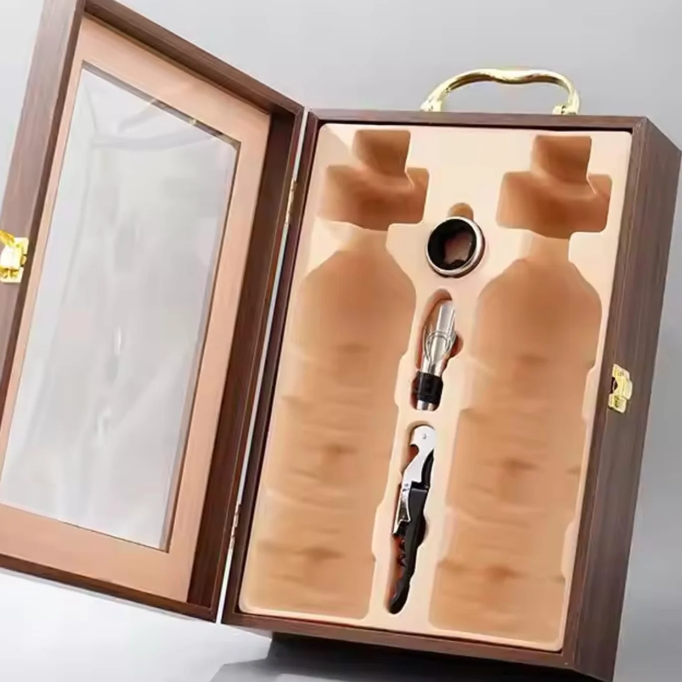 Caja de regalo para botella de vino, caja de exhibición de lujo para almacenamiento de vino, champán o whisky con herramientas, tornillo de corcho, vertedor, servilleta/anillo de goteo, vino