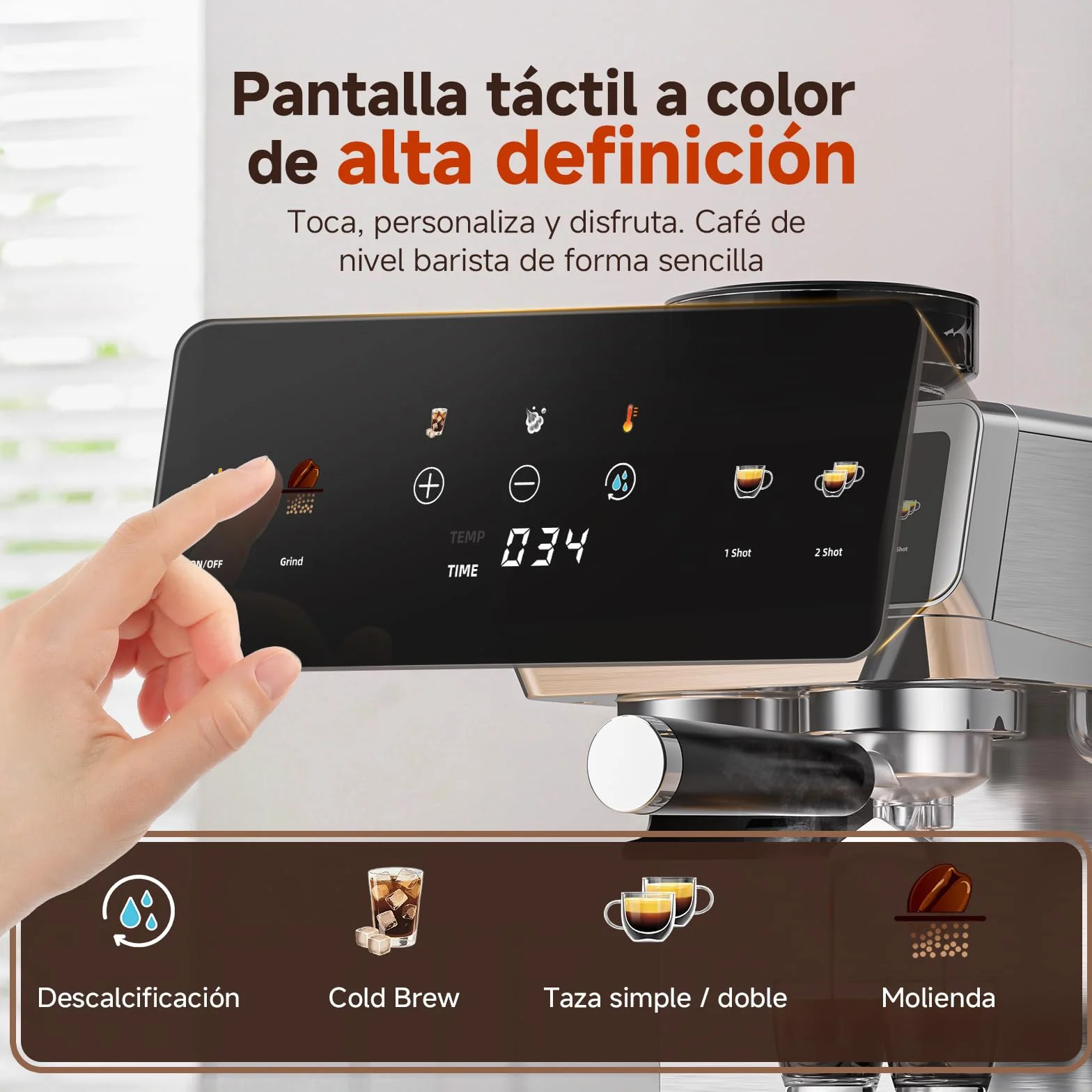 AMZCHEF Cafetera Espresso con Molinillo Integrado 20 Bares – Máquina de Café con 44 Ajustes de Molienda，Vaporizador de Leche, 4 Temperaturas, Función Café Frío, Acero Inoxidable, Depósito 1.8L