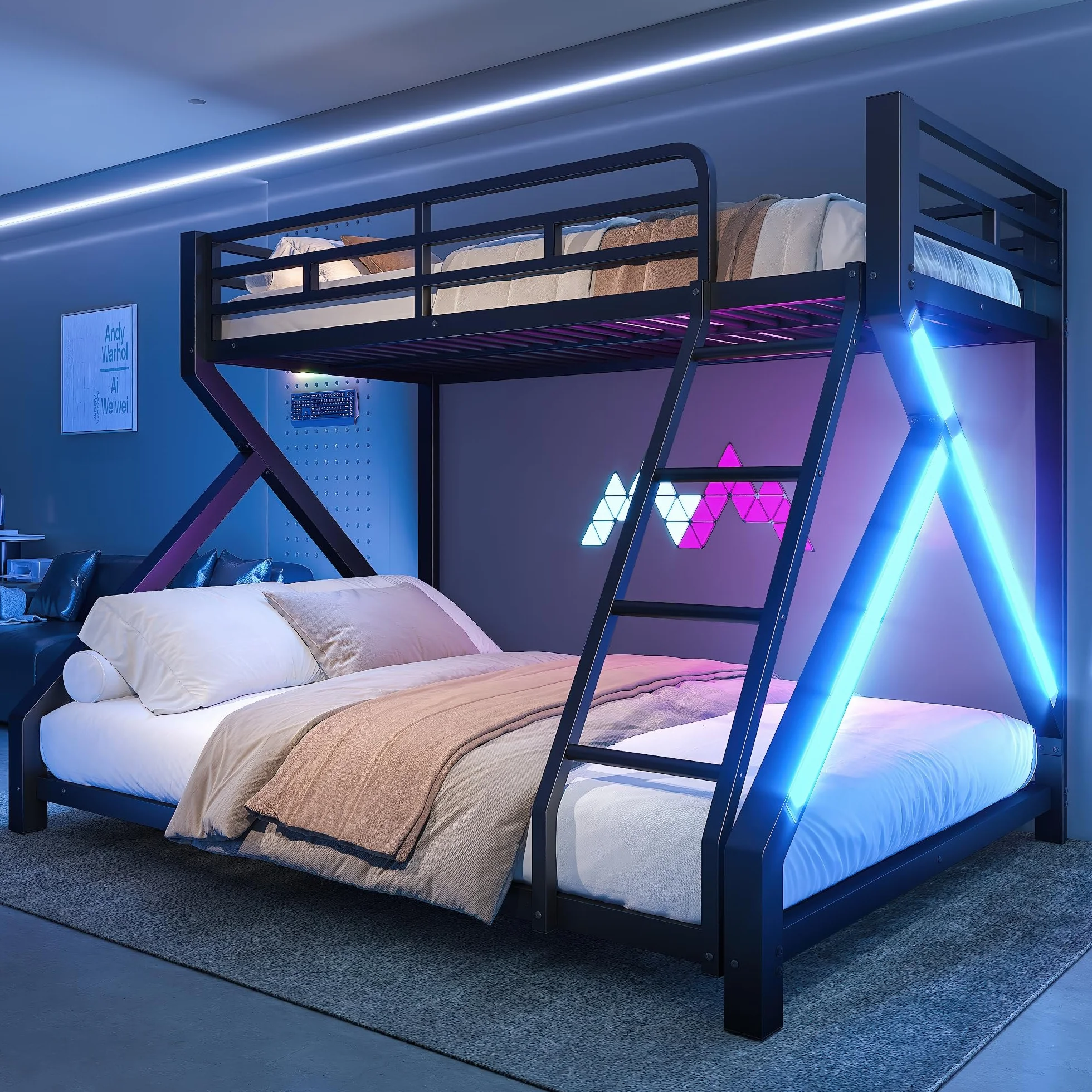 Litera con LED para niños y adultos, cama infantil con barandilla y escalera, hierro 90x200+140x200 cm, negro
