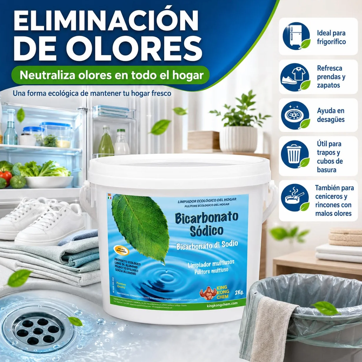 Bicarbonato de Sodio 2 kg - Limpiador Ecológico Hogar con Cucharilla Dosificadora