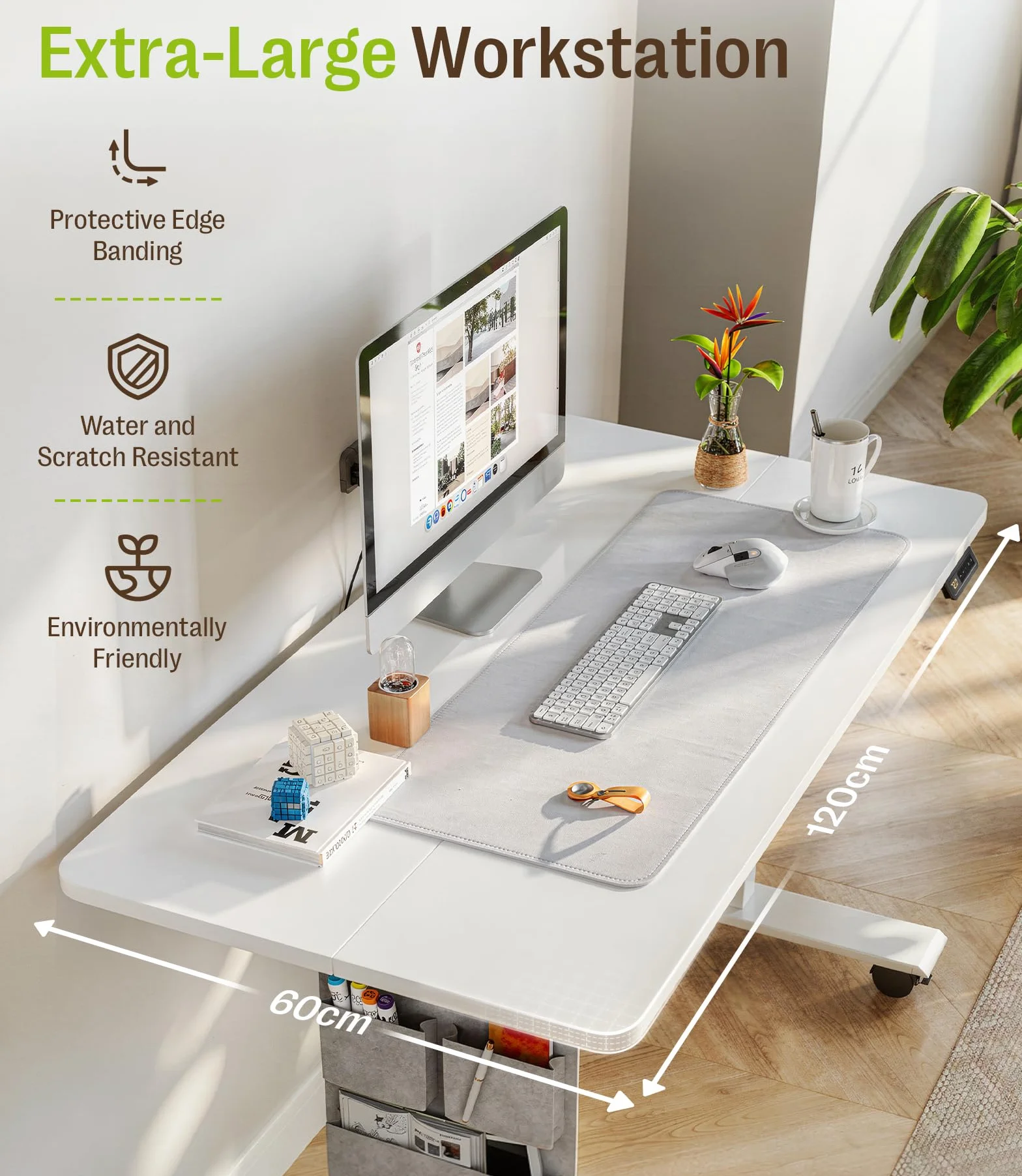 MAIDeSITe Mesa Elevadora Eléctrica de Altura Ajustable, 120 x 60 cm Mesa de Pie y Sentado con Bandeja para Cables, Gancho y Bolsillos de Almacenamiento, Mesa Elevadora con Controlador de Memoria