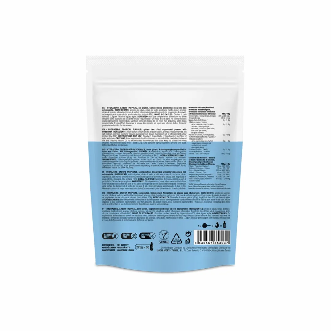 226ERS Hydrazero Bebida Hipotónica Sales Minerales Electrolitos Hidratación Recuperación Energía Vegano sin Gluten Sabor Tropical 225 g