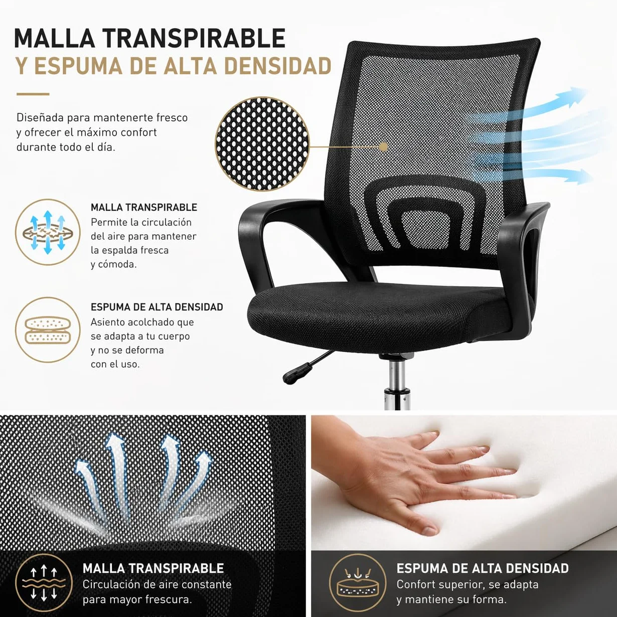 Silla de Oficina Ergonómica con Ruedas y Respaldo Transpirable Altura Regulable Soporte Lumbar
