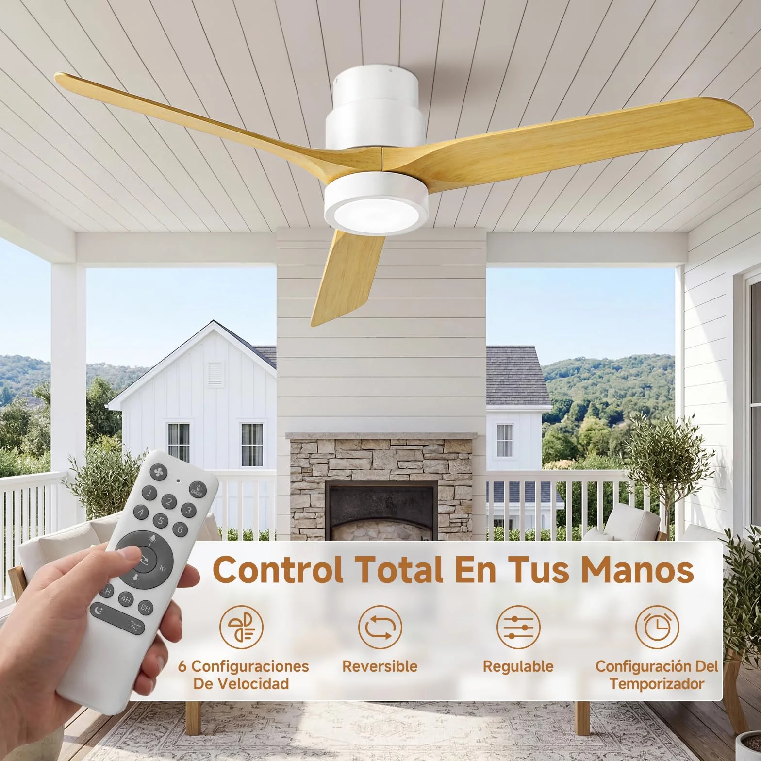 Ateroll Ventilador de Techo con Luz Silencioso, 132cm ABS Ventiladores de Techo con Luz y Mando a Distancia, Velocidades, Temporizador, Función Verano-invierno, para Dormitorio Salón Exterior Terraza