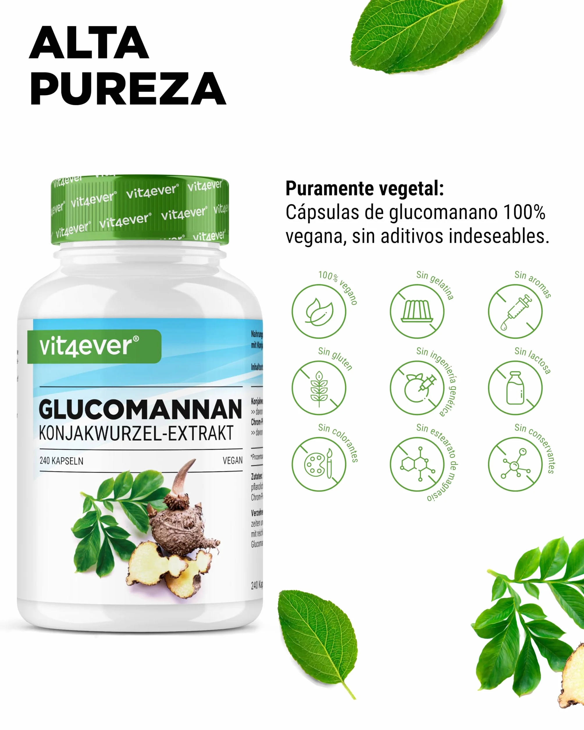 Glucomanano de la raíz de konjac 240 cápsulas 4200 mg por porción diaria con cromo Vegano