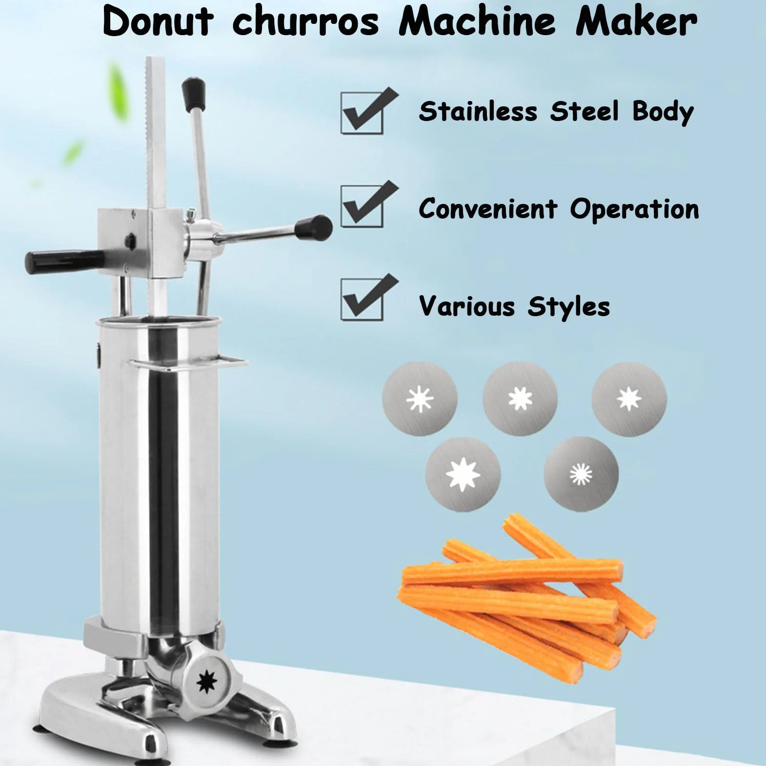 Máquina para hacer churros manual, máquina para hacer rellenos de churros, máquina para hacer churros de rosquilla española manual comercial de 2L/3L con 5 tipos de moldes, para restaurantes,3L
