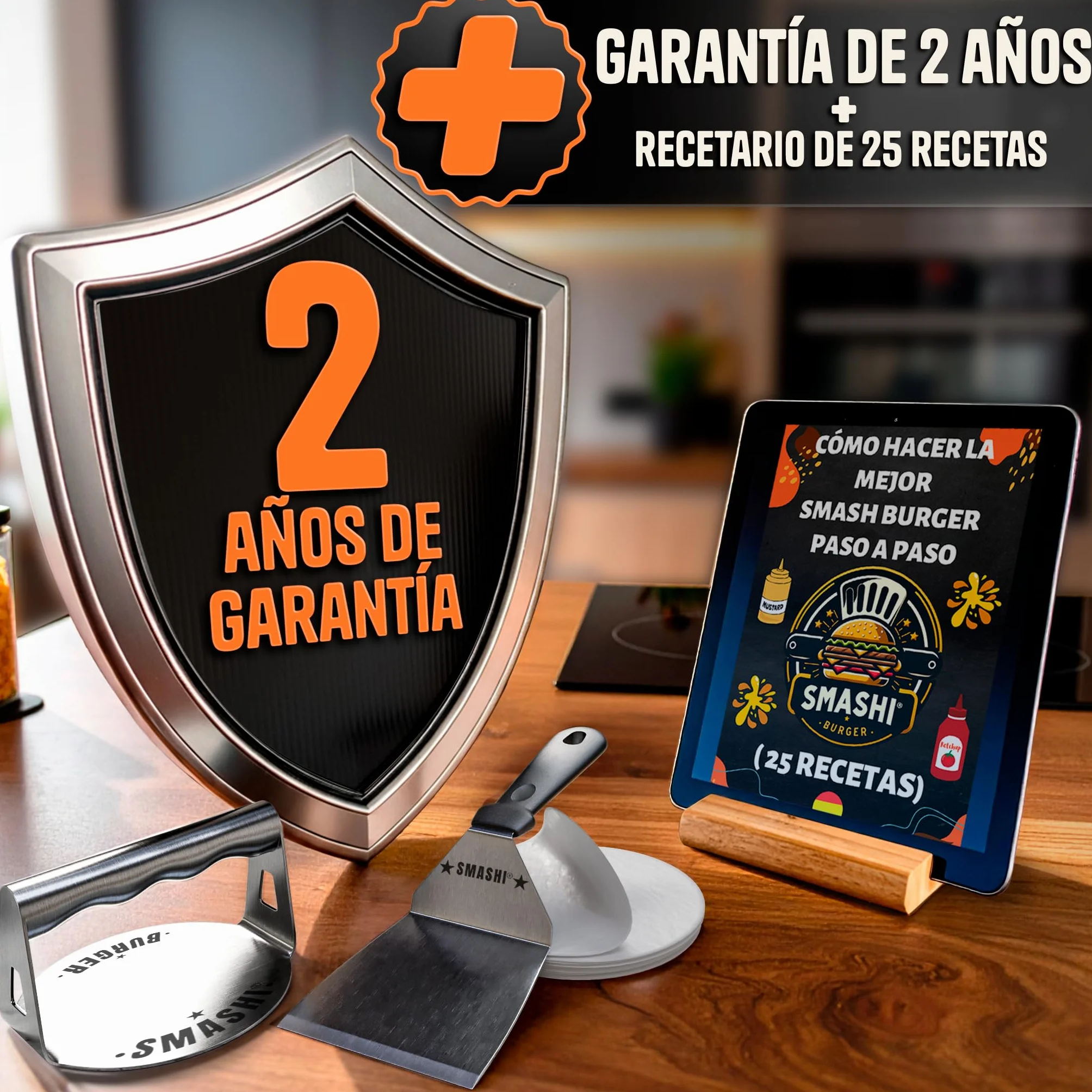 SMASHI® Smash Burger Kit Acero Inoxidable 304 Prensa Hamburguesas + Espátula + 50 Papeles