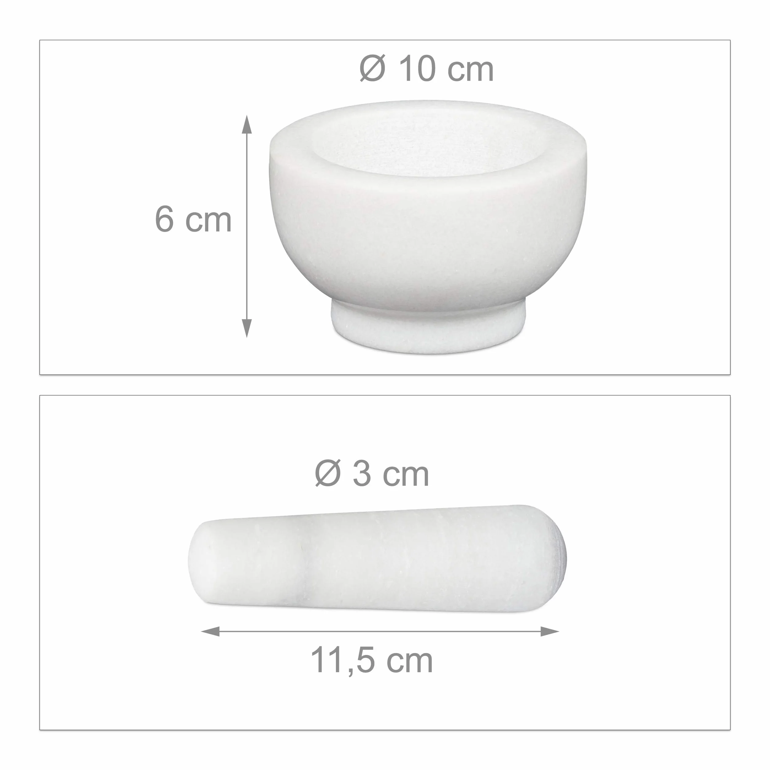 Relaxdays Mortero Mármol con Mano, Resistente, Duradero, Especias, Hierbas, Moledor Piedra Pulida, 10cm Ø, 120ml, Blanco