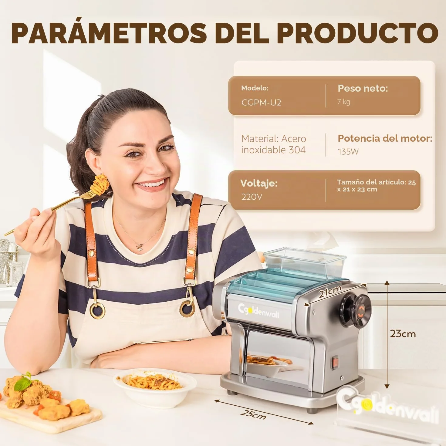 CGOLDENWALL Máquina de Pasta Eléctrica Fresca, Motor de 135W con 2 Cuchillas (2.5 mm/4 mm) y 9 Grosores Ajustables de 0.5-5 mm, Protectora de ABS, Acero Inoxidable para Hacer Espaguetis