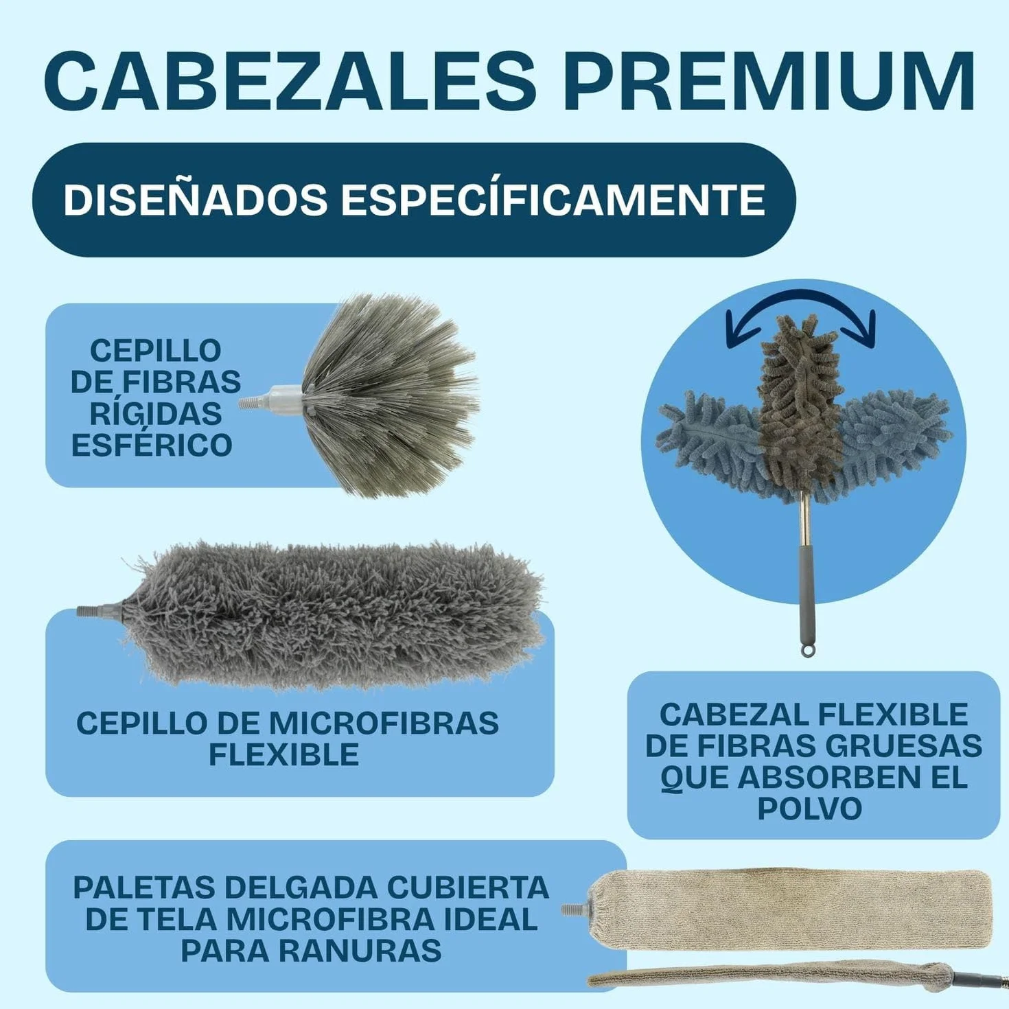 Plumero Atrapapolvo Extensible Microfibra 6 Piezas Lavables Kit Limpia Polvo Cepillo Ranuras Ventanas Puertas Gris