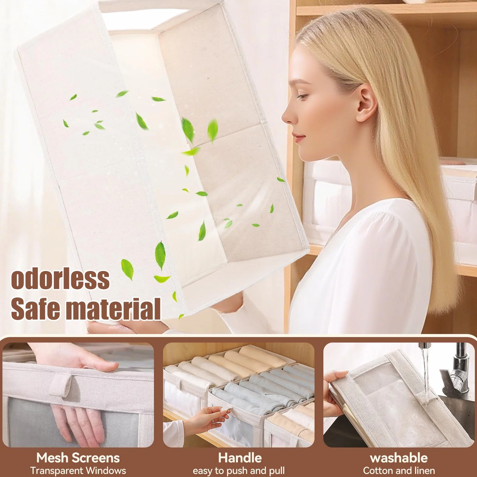 Caja de almacenamiento,juego de 3 Organizadores Plegables,Cestas de Tela con ventana transparente para armario,Organizador Armario, para Ropa, libros, Dormitorio, Estanterías,40 x 27 x 17 cm