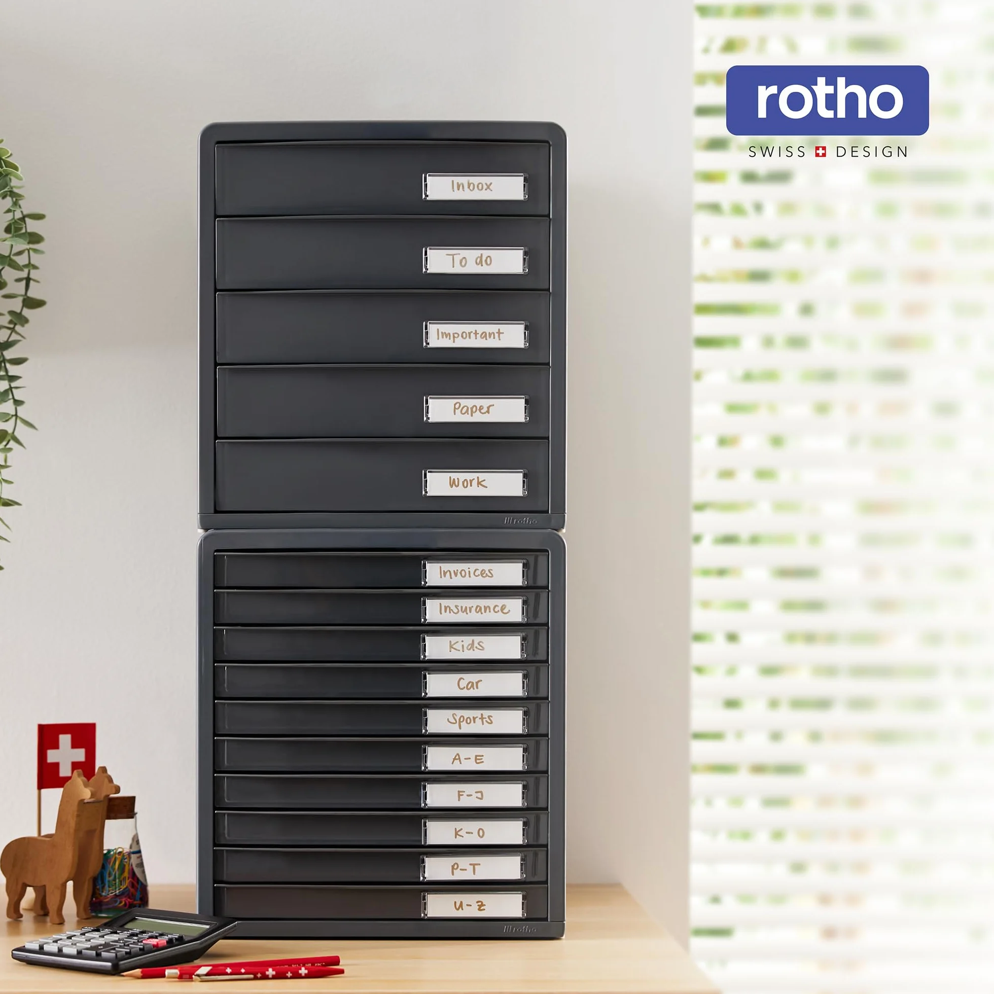 Rotho Timeless Cajón/caja de oficina con 10 cajones, Plástico (PS) sin BPA, antracita, (34.5 x 29.0 x 32.0 cm)