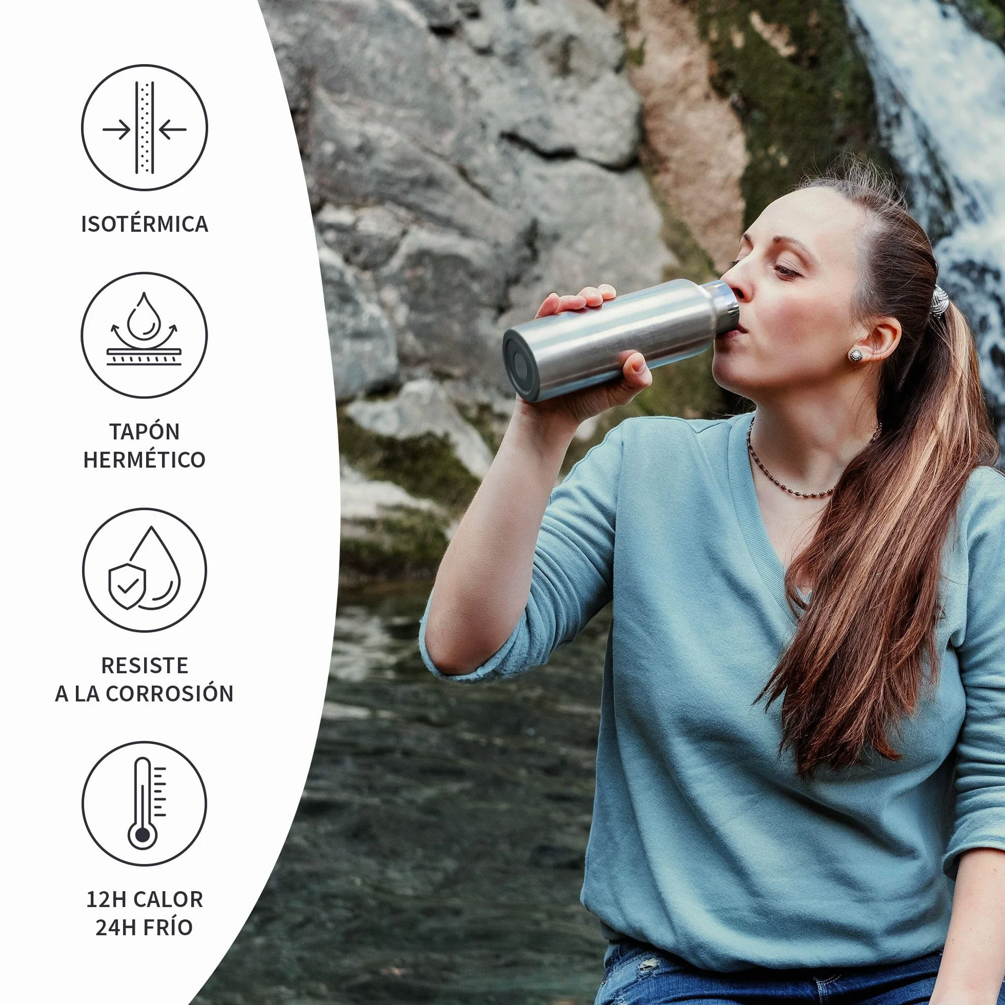 Bambaw Botella Acero Inoxidable 1 Litro Termica Mantiene Bebidas Frías 24h Calientes 12h Metálica Isotermica con Asa