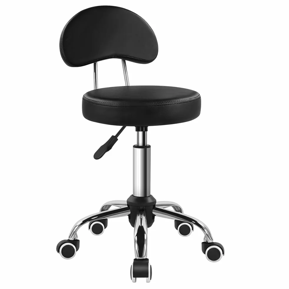 KKTONER Taburete Giratorio con Ruedas Respaldo Regulable Altura 48-64cm Asiento Cuero Sintético Negro