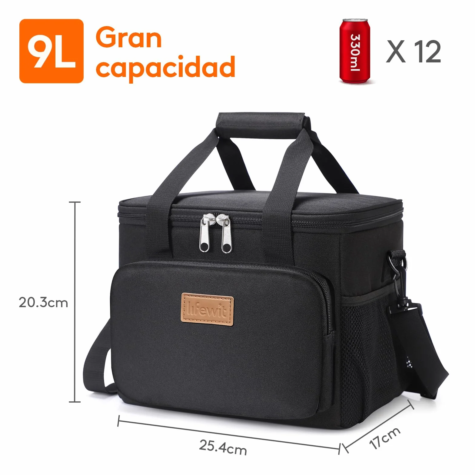 Lifewit Bolsa Termica Porta Alimentos 9L 12 Latas, Bolso Comida Trabajo Hombre Mujer, Lunch Bag Lonchera, Negro