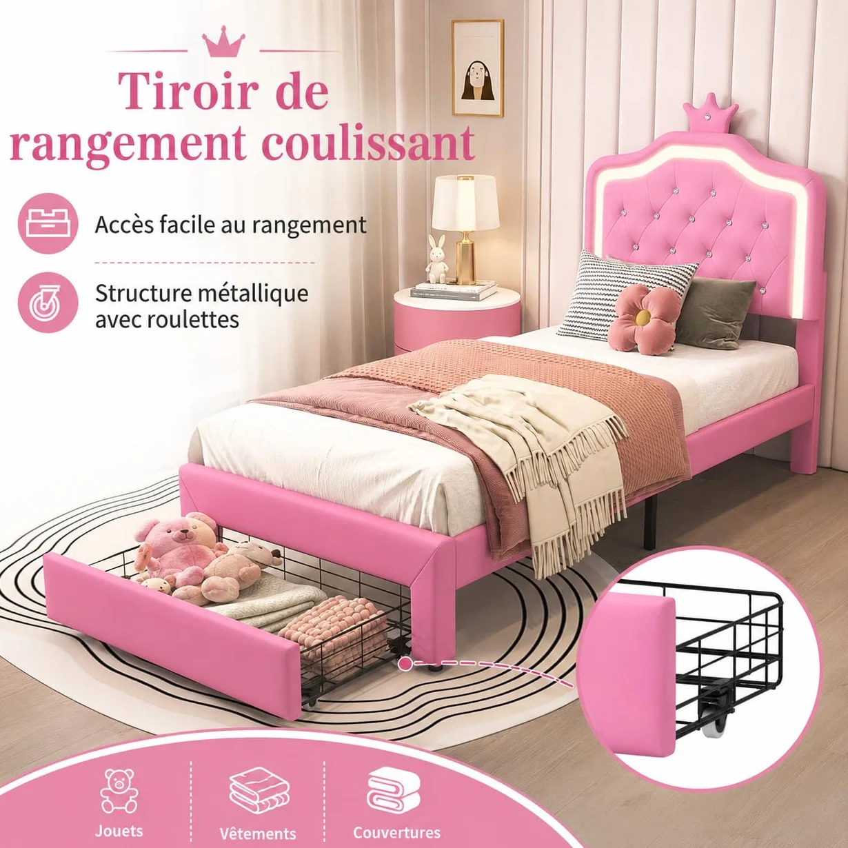 Cama para Niña 90x200 con LED RGB, Regulable en Altura, Cama Individual con contenedor, Cama Infantil, en Forma de Corona, Somier de Láminas de Madera, PU, Sin colchón (Rose-C, 90x200 cm)