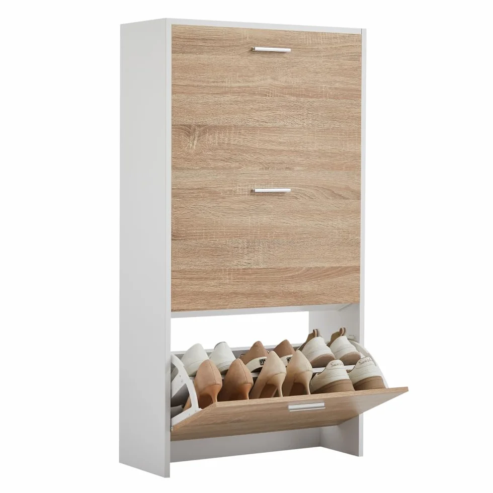 CASABEL Mueble Zapatero Moderno 3 abatibles, Almacenamiento para Zapatos 18 Pares, Madera Clara y Blanco, Mueble de Madera, Dimensiones L60xP24xH113 cm, Gran Capacidad, fácil de Instalar