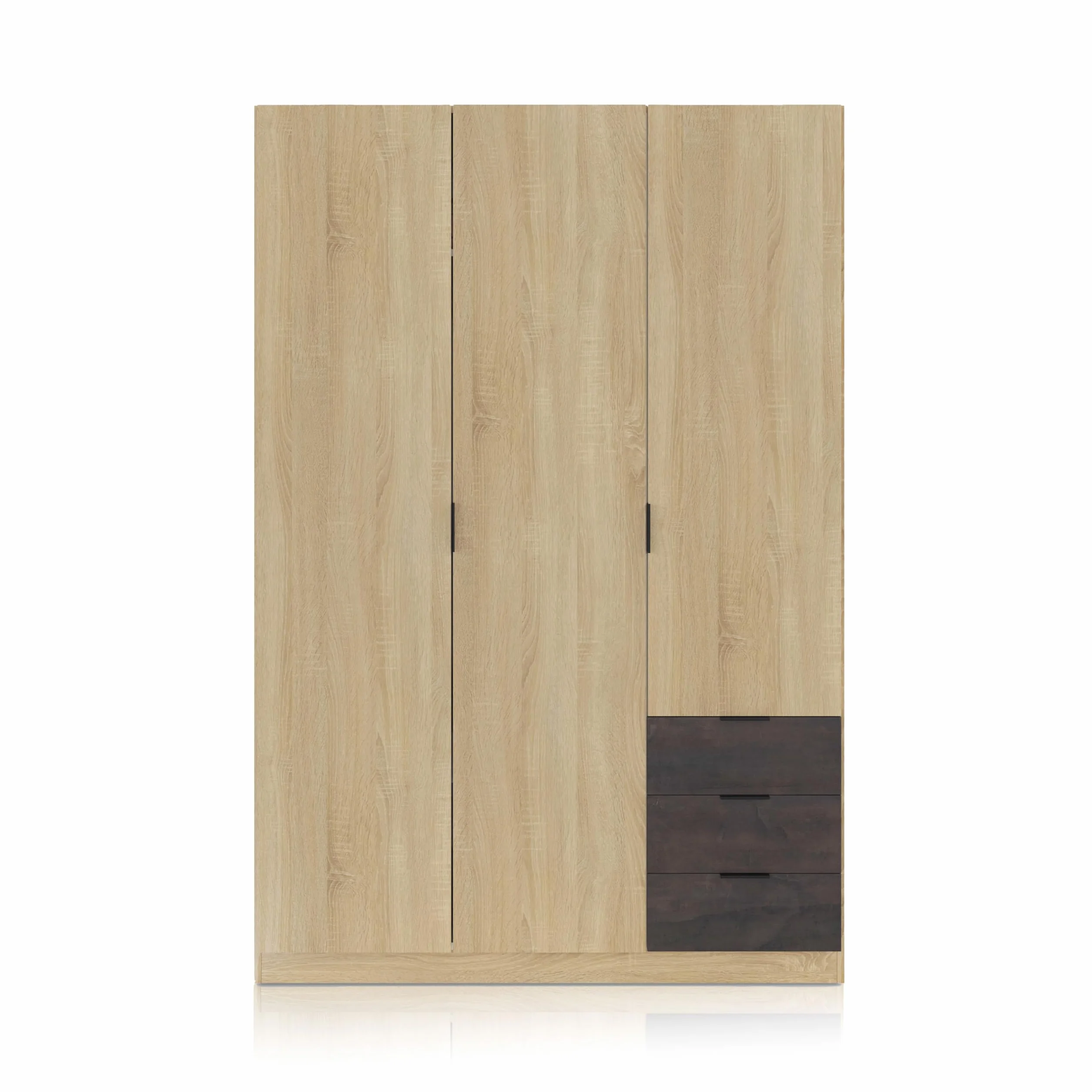 duehome | Armario de 3 Puertas y 3 Cajones, Armario para Dormitorio, Modelo Hexa, Acabado en Roble Canadian y Oxido, Medidas: 121 cm (Largo) x 180 cm (Alto) x 52 cm (Fondo)