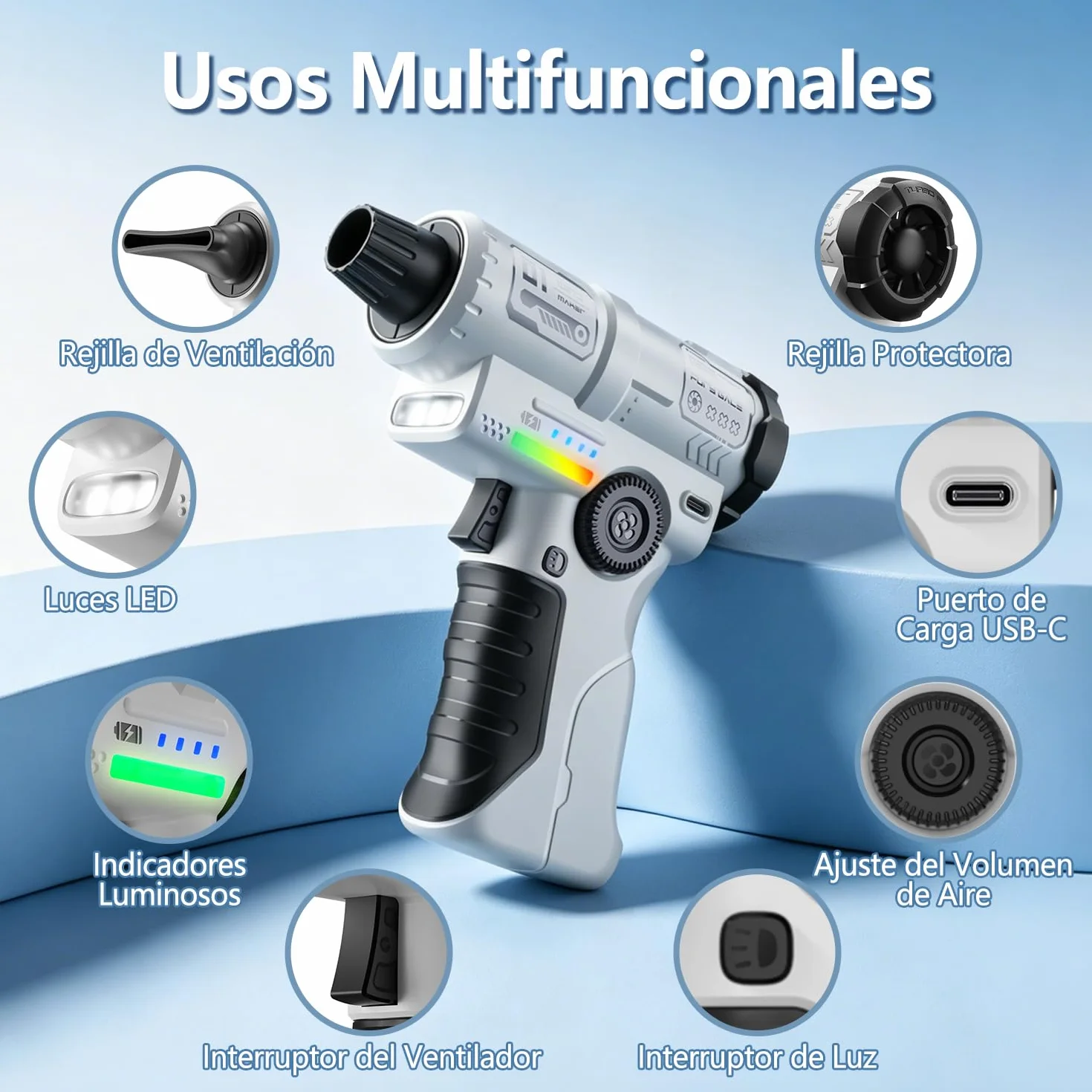yAyusi Colector de Polvo Eléctrico Recargable,Colector de Polvo Eléctrico de Aire de Alta Potencia de 130000 RPM,con LED,Control de Velocidad Continuo,Adecuado para Exteriores,Hogares y Automóviles