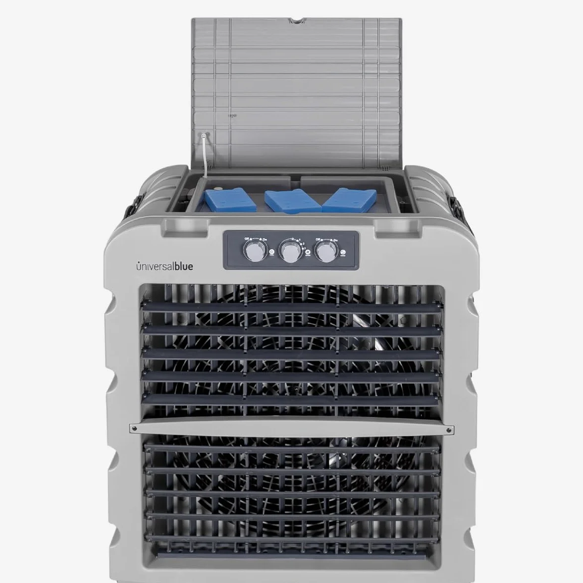 UNIVERSALBLUE Climatizador Evaporativo 120L, Caudal 10.000 m³/h, Cobertura 80 m², 350W, 3 Packs de Hielo, con Ruedas, Interiores y Exteriores, Almacenes