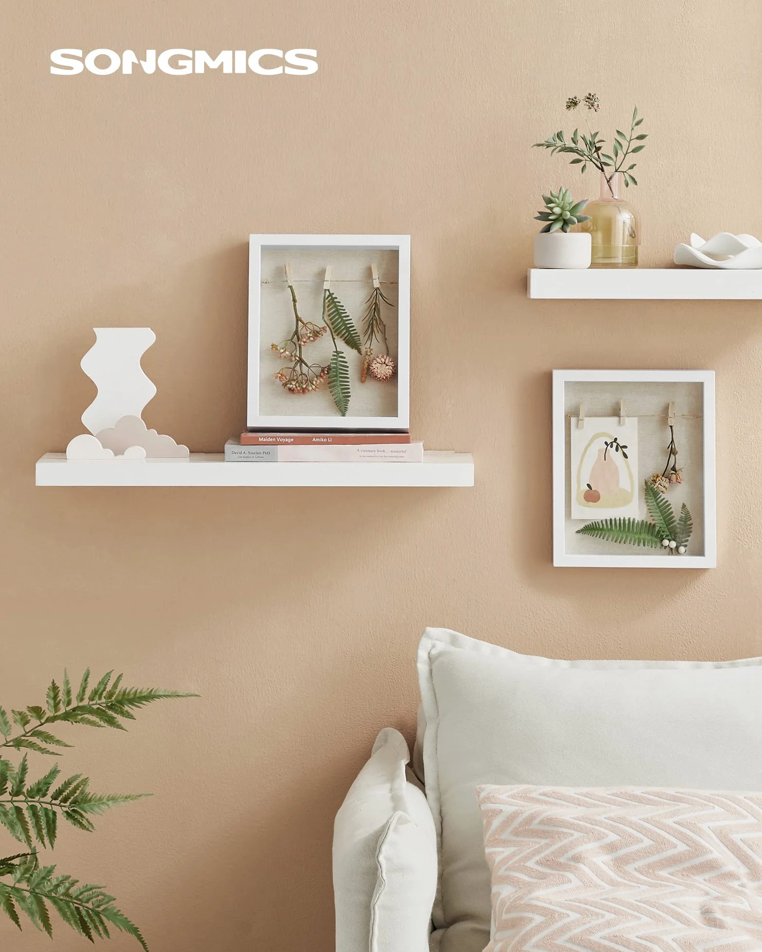 SONGMICS Marco de Fotos 3D con Pinzas, Alfileres, Reverso de Lino, Vidrio, MDF, Blanco RPF007W01