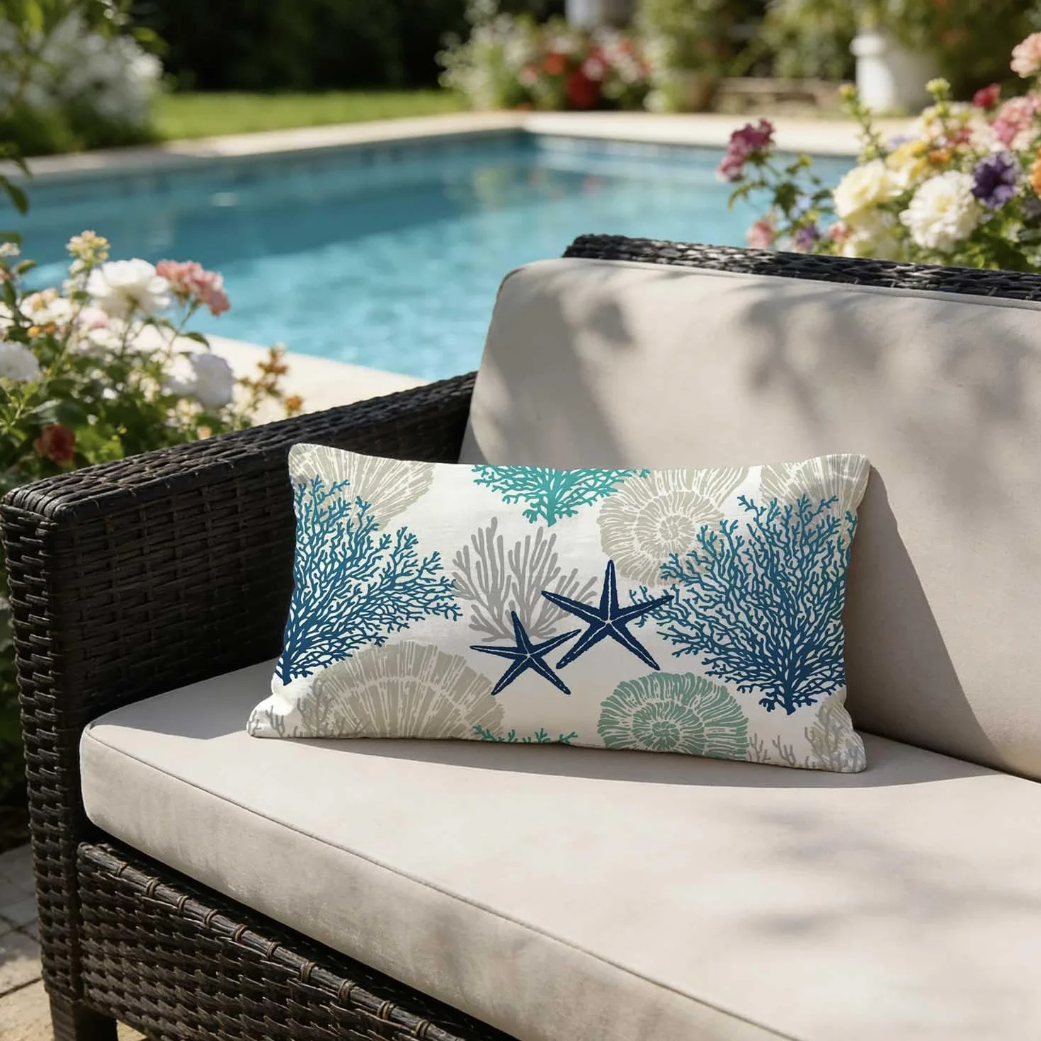 Funda Cojin Impermeable 50x30 cm Estrellas de Mar y Algas Gris Turquesa para Exterior Paquete de 2