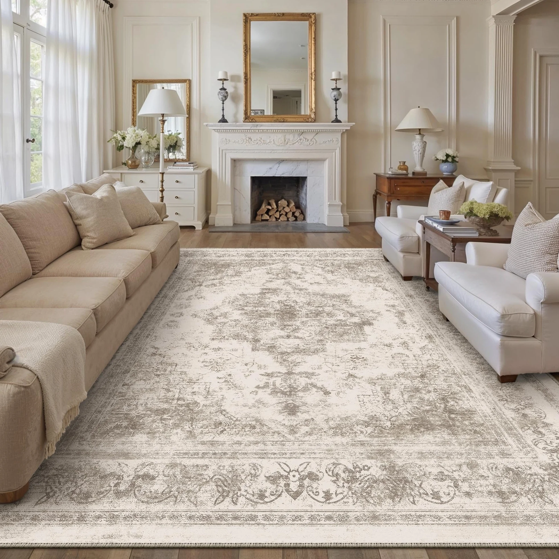 HUGEAR Alfombra Salon Beige Antideslizante Alfombras Lavables en Lavadora Tapetes para Sala 300x400cm Habitacion Dormitorio Comedor Flor Vintage Grande Tapete Pelo Corto tapete Quarto