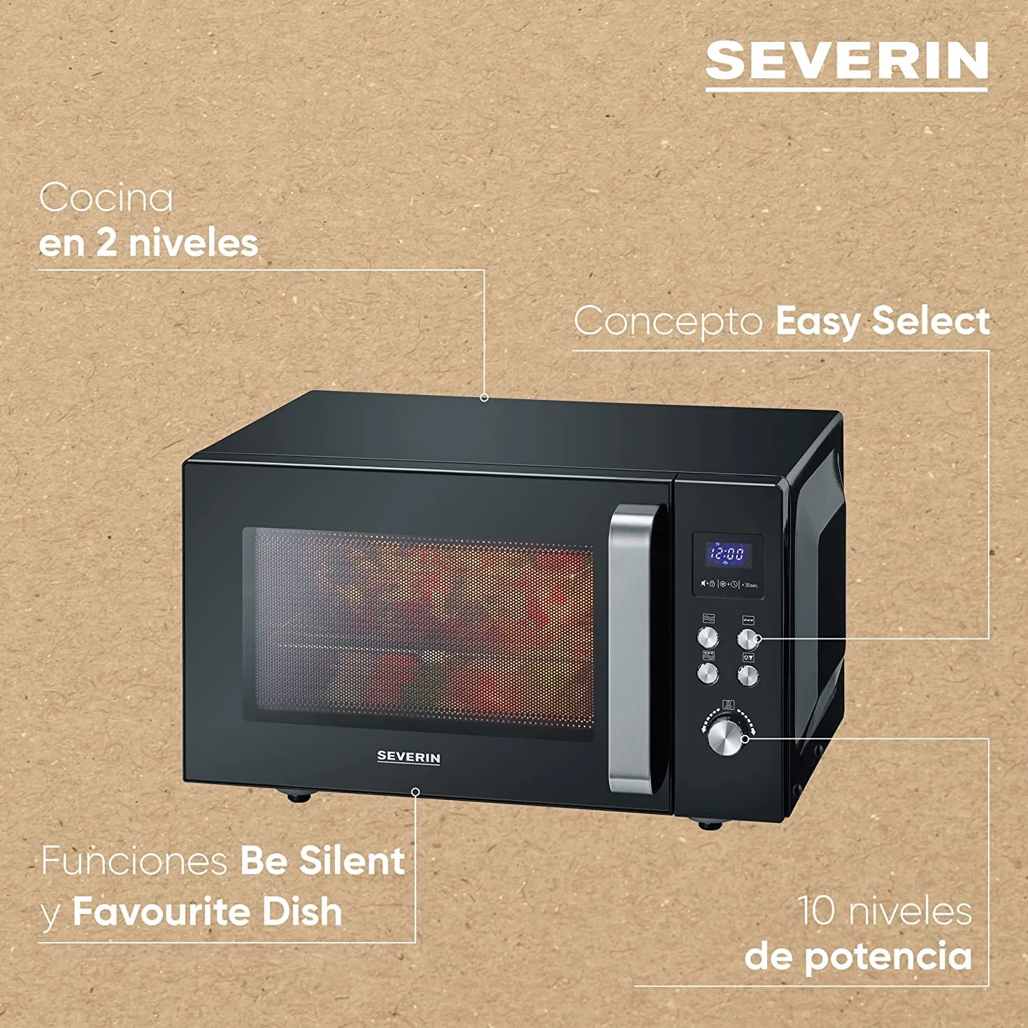 SEVERIN Microondas 2 en 1, microondas con grill y base de vidrio para descongelar y calentar, microondas digital grande para platos cuadrados, negro/acero inoxidable, MW 7763