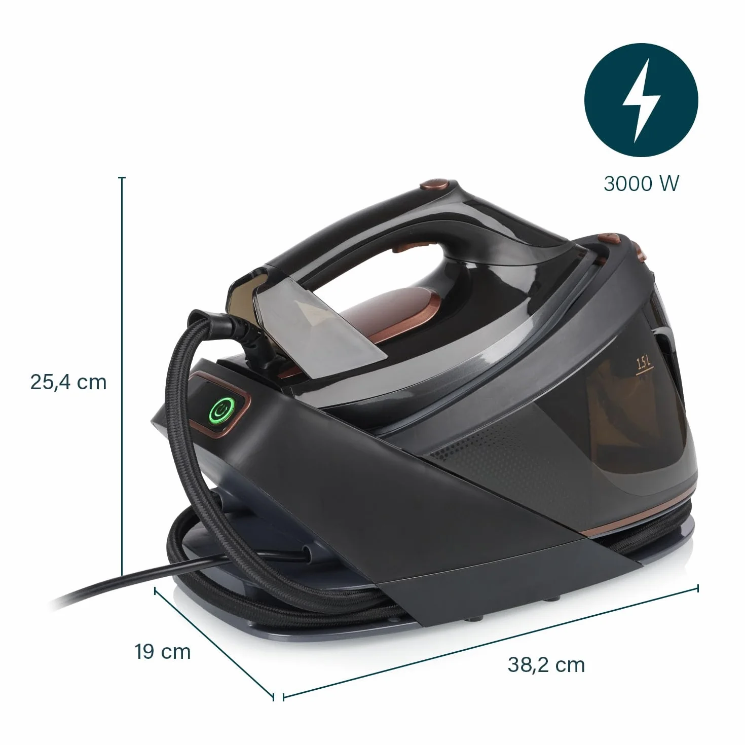 Princess Centro de Planchado, 3000 W, Hasta 7,5 bar, Depósito 1,5 l, Suela Cerámica, 70 g/min Vapor, 250 g/min Golpe, Antical, Apagado Automático, 323091