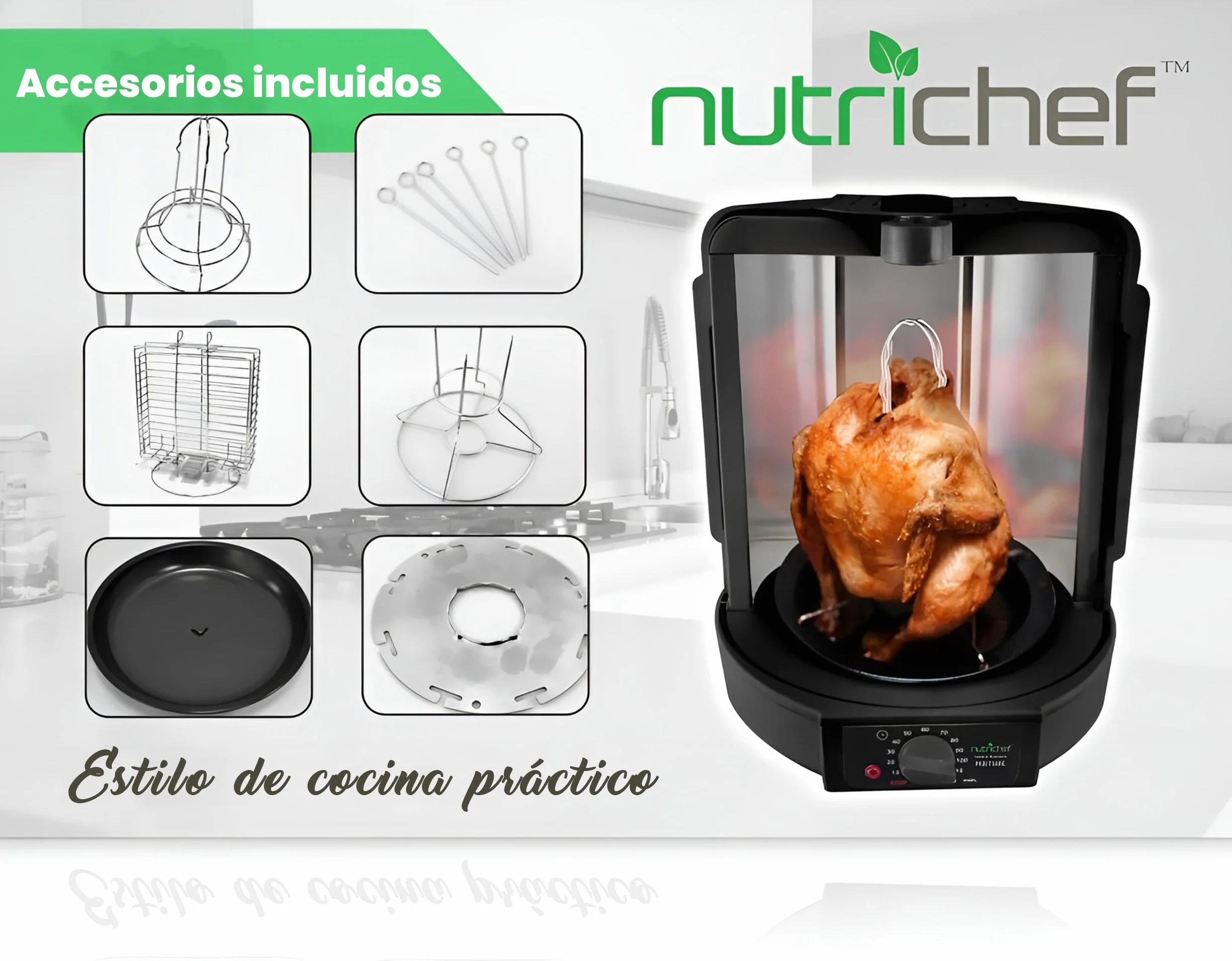 NutriChef Horno Giratorio Vertical de Sobremesa 700W Parrilla Eléctrica Rotativa para Pollo Kebab Shawarma
