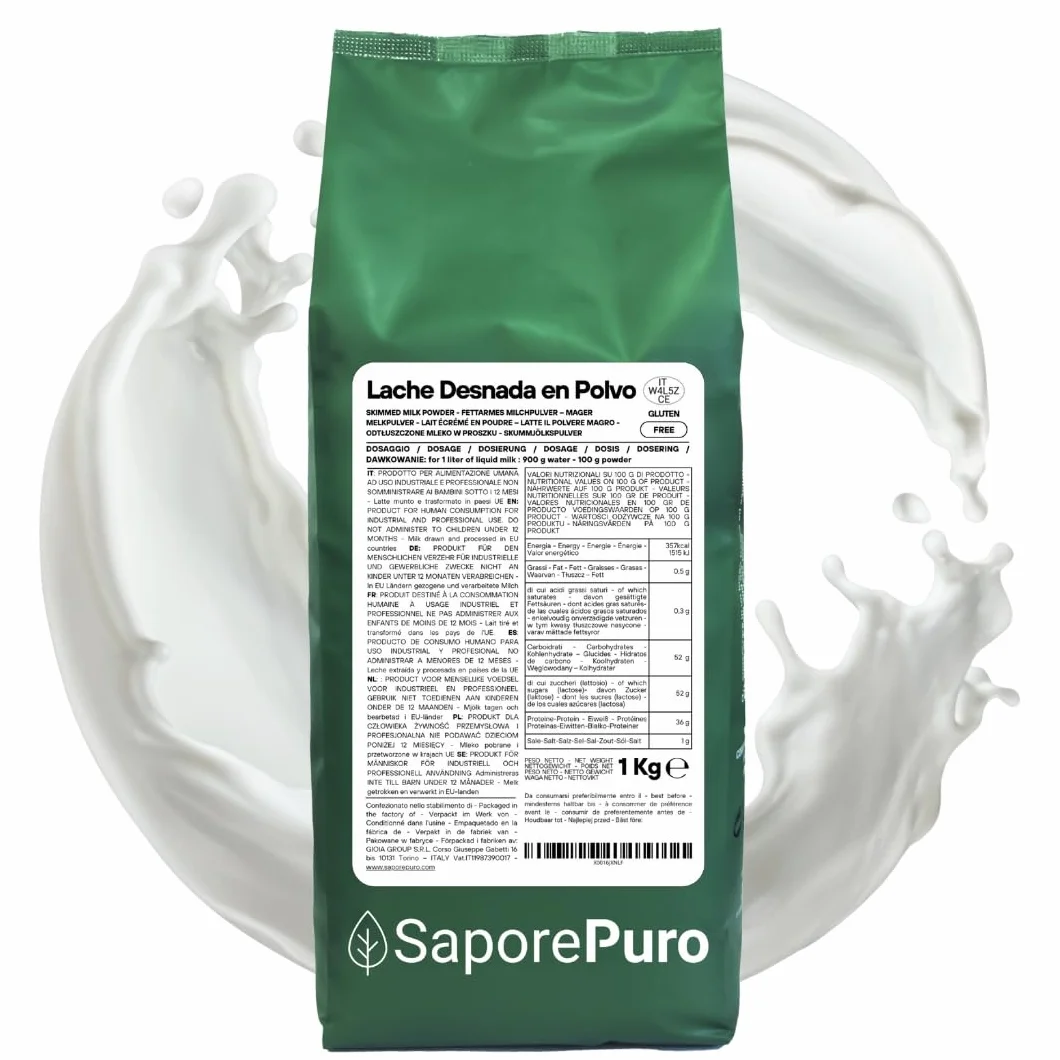 SaporePuro Leche Desnatada en Polvo 1 kg – Leche para Consumo Humano, Ideal para Pasteles, Pan y Helados, Sin Gluten