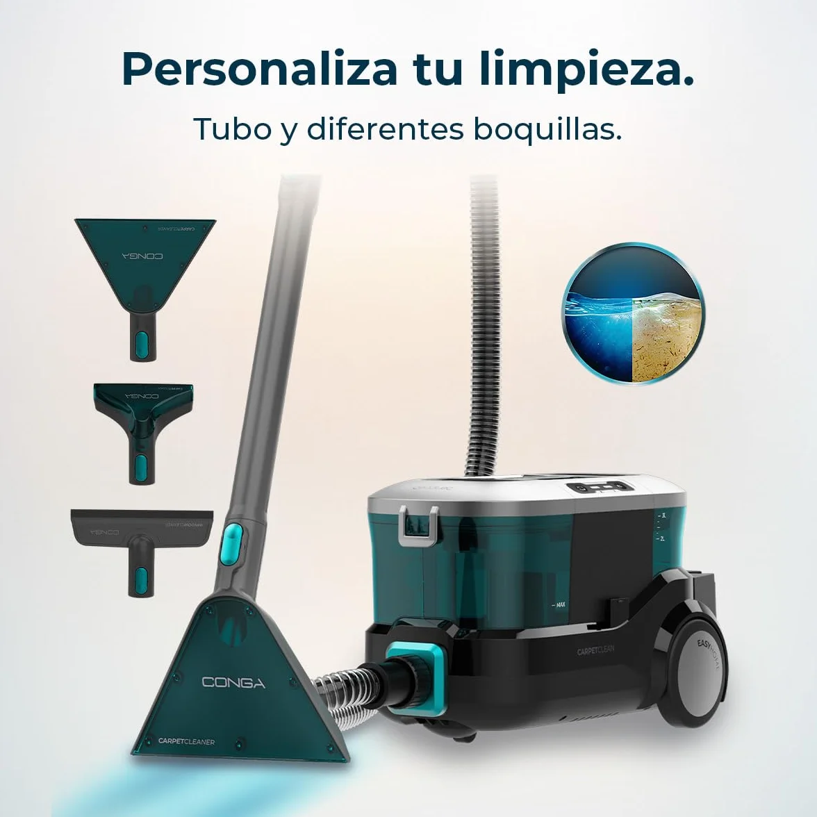Cecotec Limpiador Aspirador de Tapicerías y Alfombras, Aspiradora de Trineo Conga CarpetClean 10000 EasyHome. 800W, Depósito de Agua Limpia 3L y Agua Sucia 1,5L, Multisuperficie, Kit Accesorios