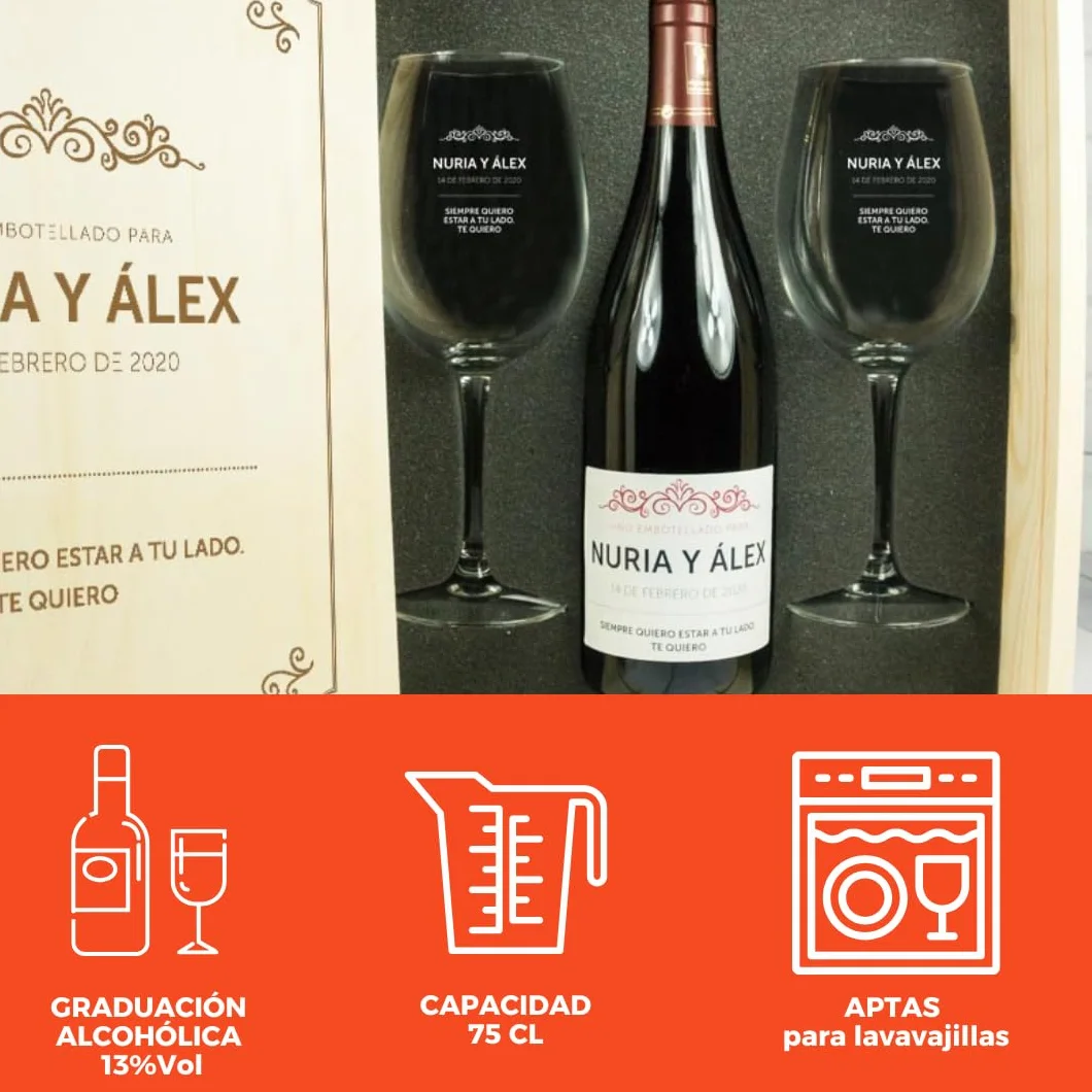 Calledelregalo Regalo Personalizado para Parejas: Kit con Botella de Vino + Copas de Vino + Caja de Madera, Todo ello Personalizable con Nombres, Fecha y dedicatoria