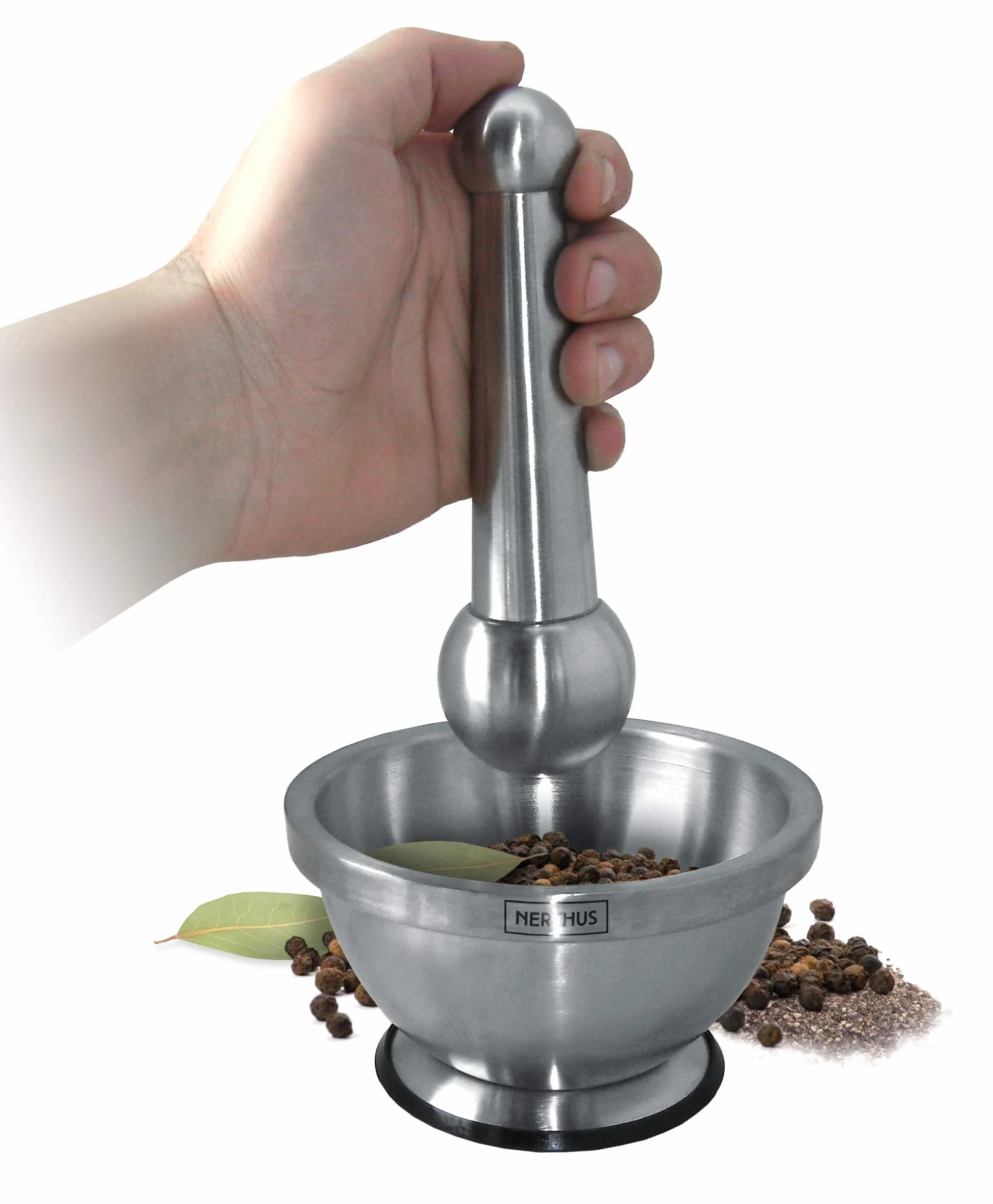 NERTHUS FIH 020 - Mortero de Mano para Especias de Acero Inoxidable, base Antideslizante