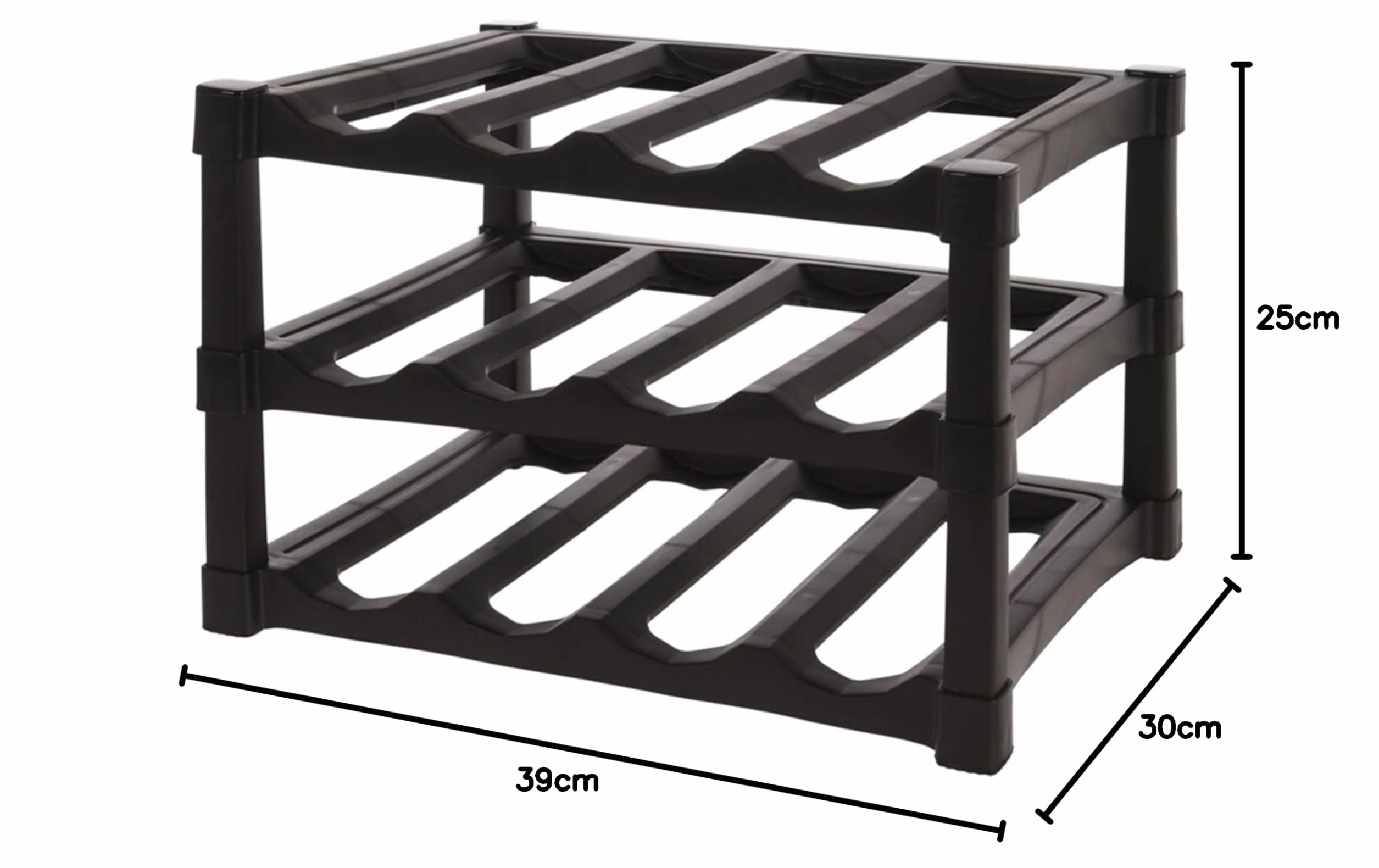 Well Home Botellero de 3 Capas Apilables de PP en Color Negro para 12 Botellas - 39x30xH25cm