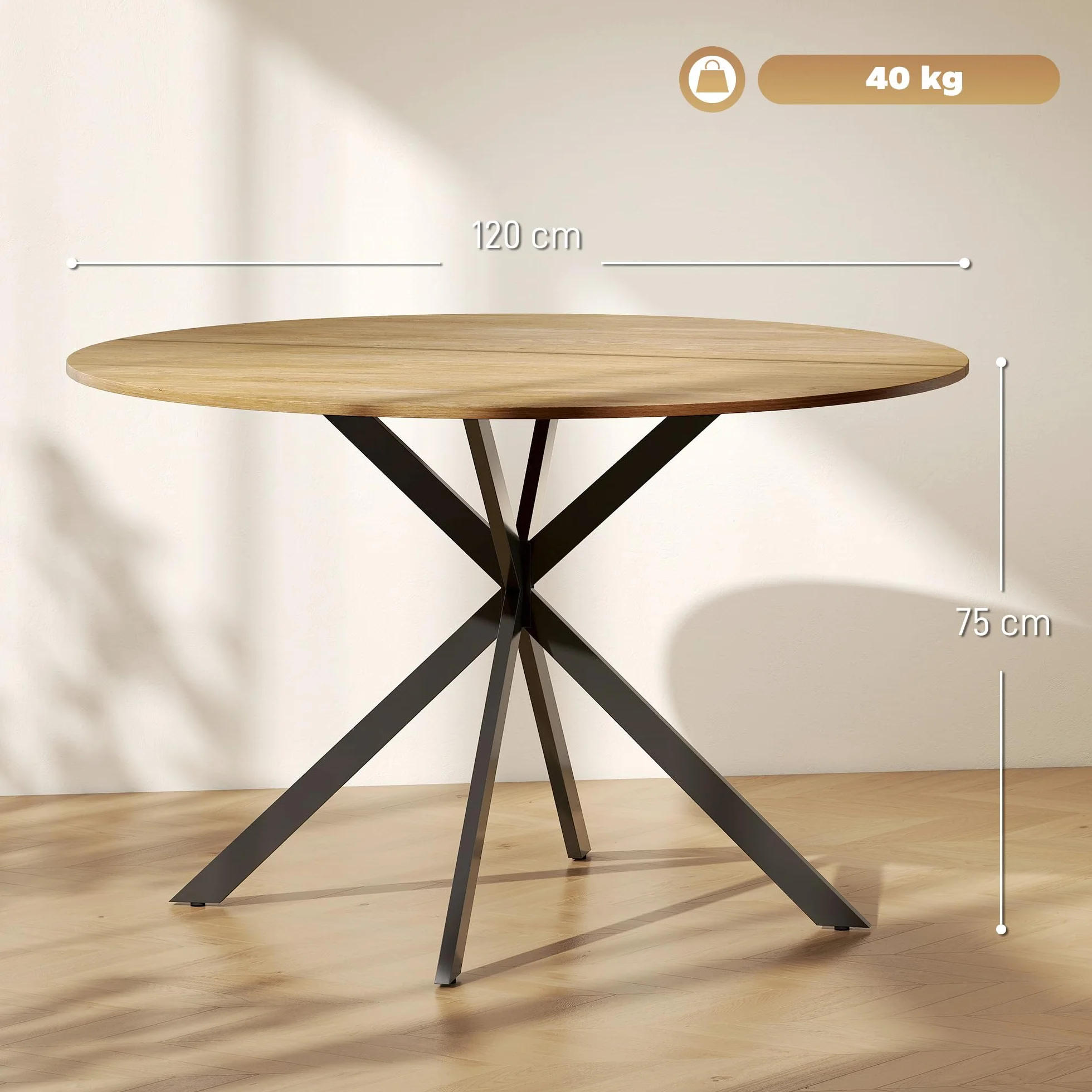 HOMCOM Mesa de Comedor Redonda para 4 Personas, Ø120x75 cm, Mesa de Cocina Industrial con Estructura de Acero, Roble