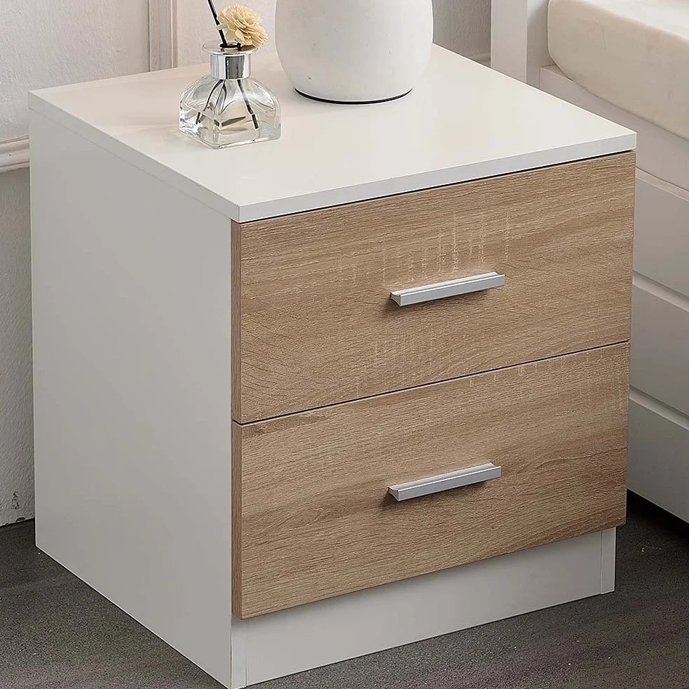BAKAJI Mesita de Noche para Dormitorio, Armario con 2 cajones, asa de Metal, diseño Moderno, de Madera MDF, Mueble para el hogar, tamaño 44 x 40 x 38 cm, Color Blanco y Roble (2 cajones)