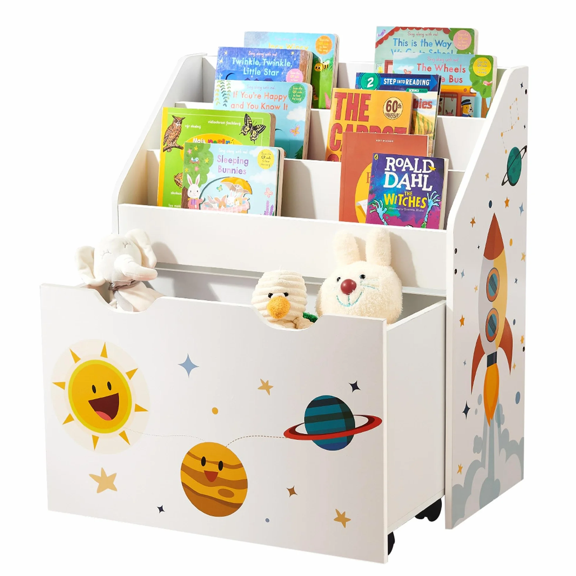 SONGMICS Estantería de Juguetes con 3 Compartimentos, Librería Infantil, Caja Móvil con Ruedas, Blanco GKR41WT