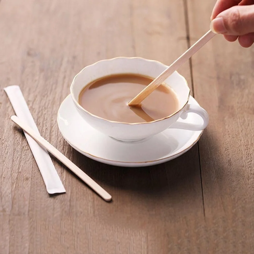500 Paletinas de Madera envueltos Individualmente en Papel de 11 cm. Palitos de café Desechables, Palitos removedores de café biodegradables. Agitadores de café.