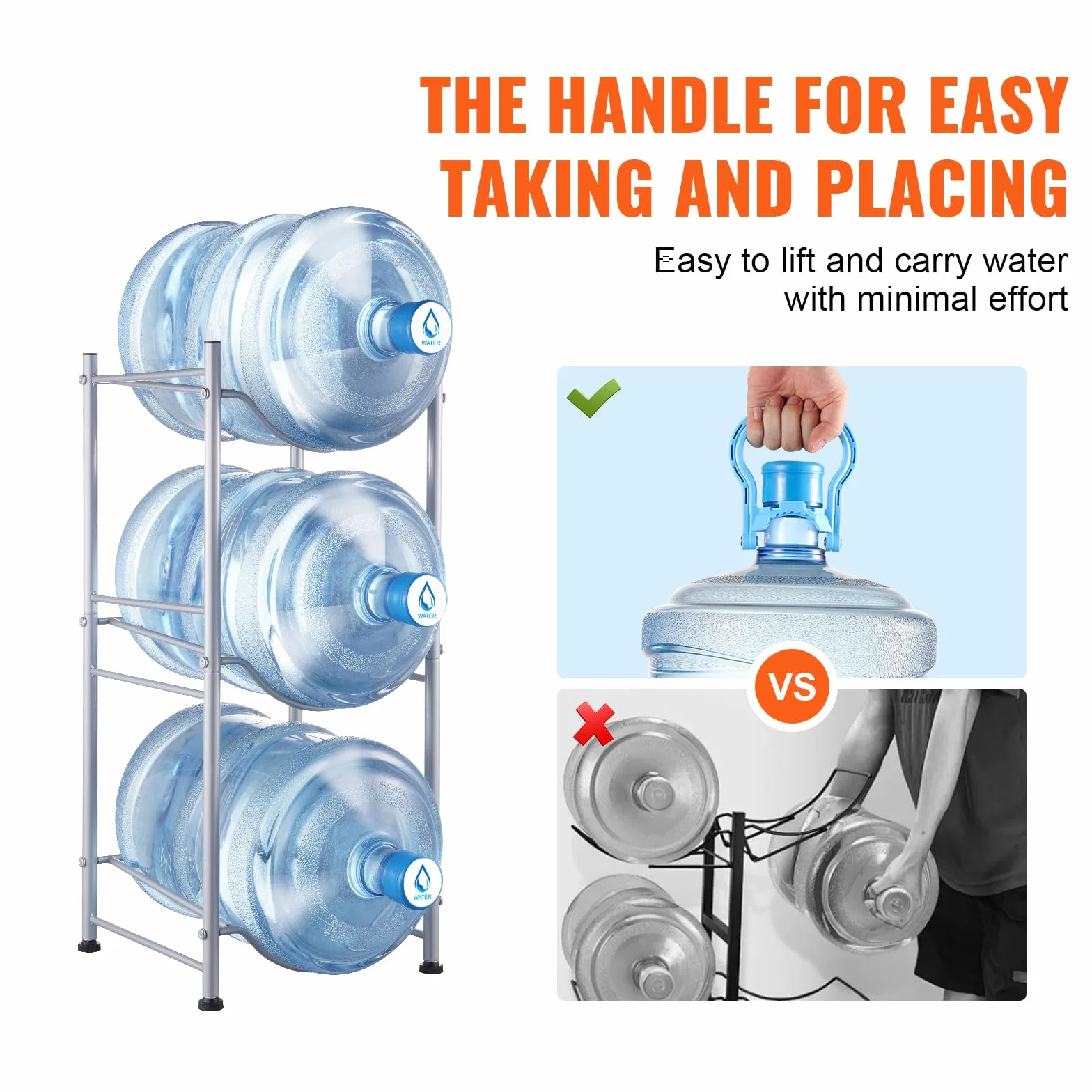 VEVOR Soporte para Jarra de Agua 3 Niveles Estante para Botellas de Agua 332x330x746 mm Soporte para 3 Botellas Estante para Jarras de Agua Resistente para Cocina, Oficina, Sala de Estar, Plateado