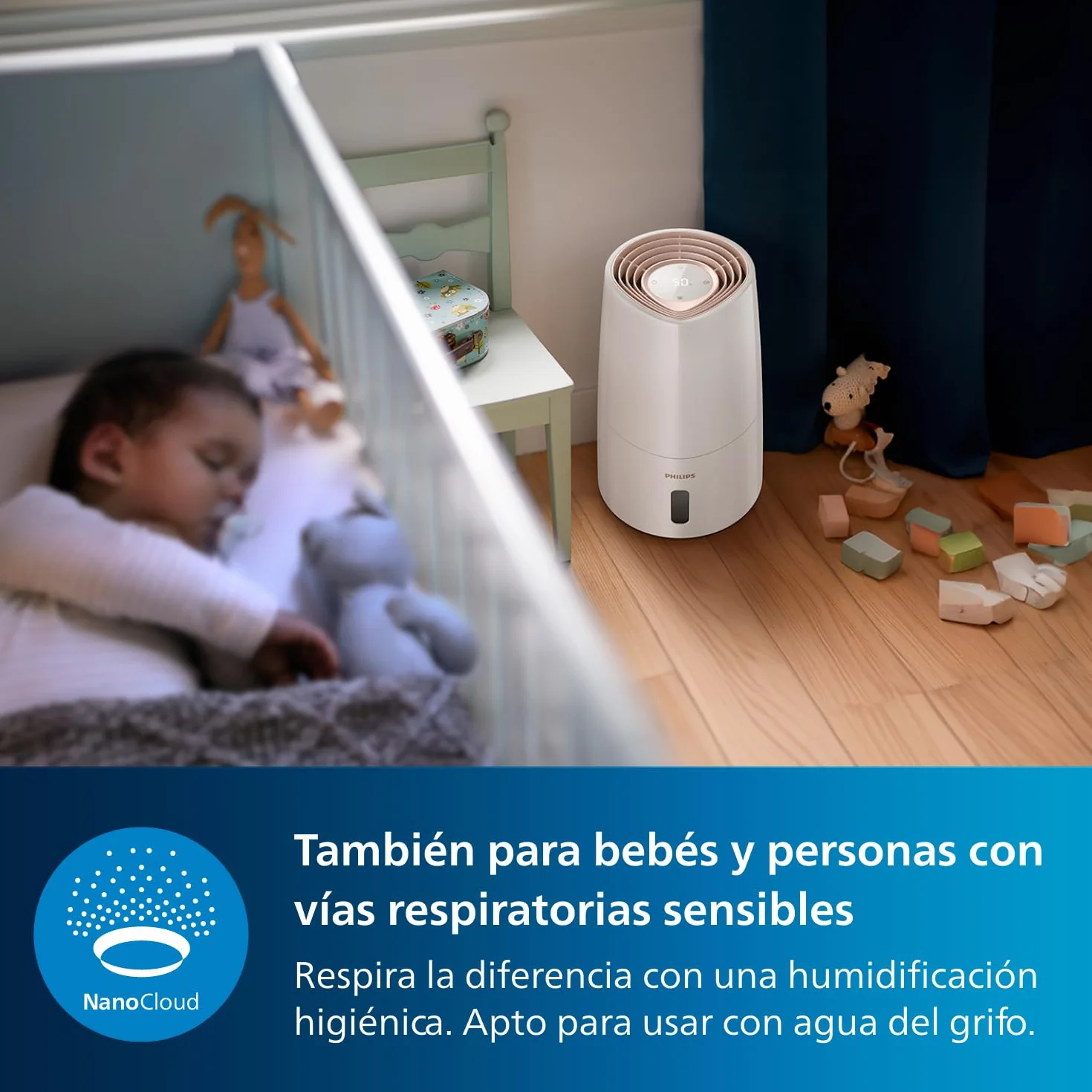 Philips Humidificador Serie 3000, 45 m², 99,97% menos bacterias (NanoCloud), 300 ml/h, 3 velocidades, Modo Sueño, Ultrasonido (33 dB), Sensor, Temporizador, Depósito 3L, Blanco (HU3916/10)