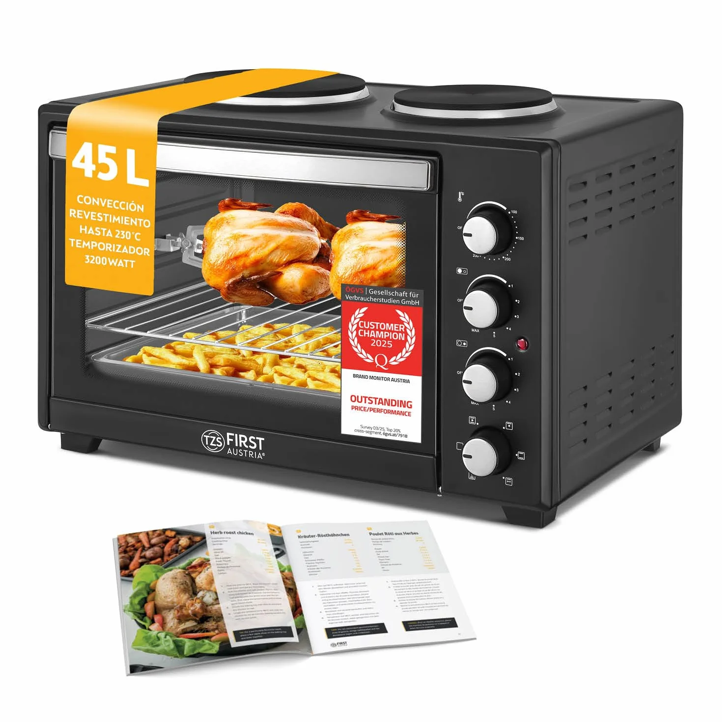 First Austria Mini Horno 45L 3200 W con Quemadores para Pizza 230°C Revestimiento Antiadherente Multihorno 4 Alturas