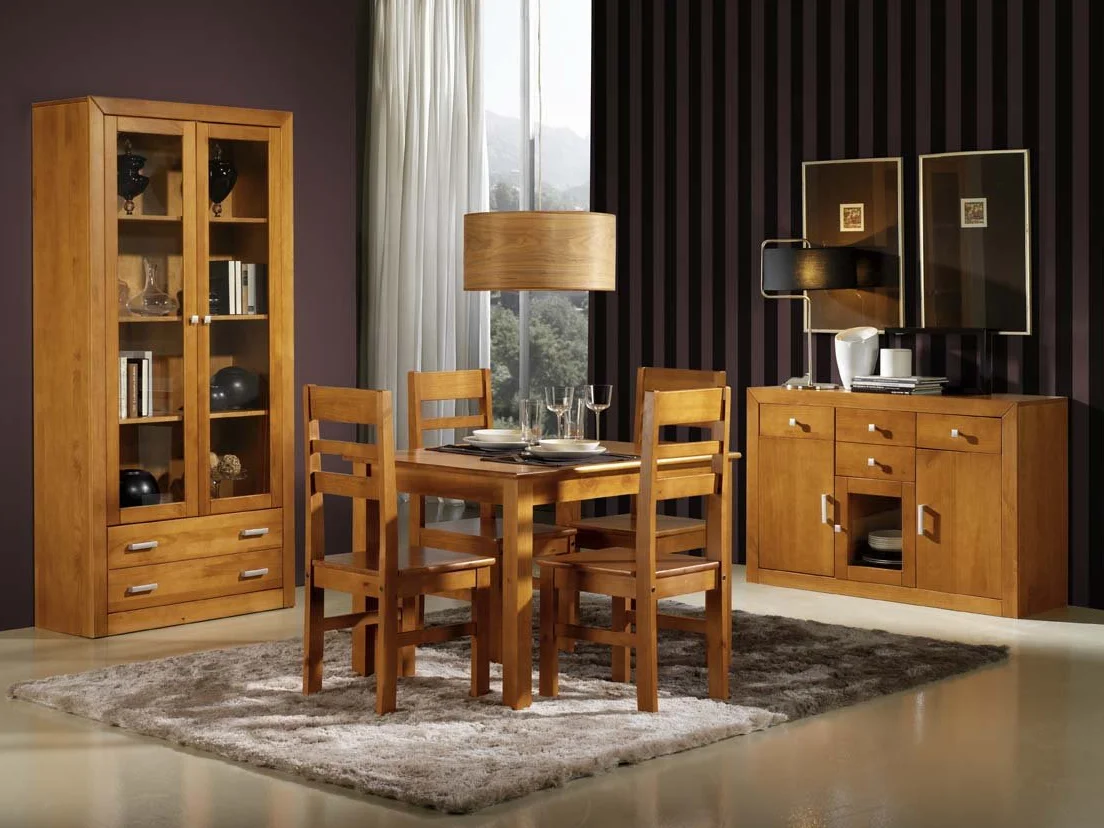 Dogar Moblit,Aparador Tres Puertas Cuatro Cajones, realizado en Madera de Pino Macizo Natural. Color Cerezo Claro, Serie Kalpe,Medida (86X130X42) Cm (Alto/Ancho/Fondo),Salon, Cocina,Entrada o Comedor
