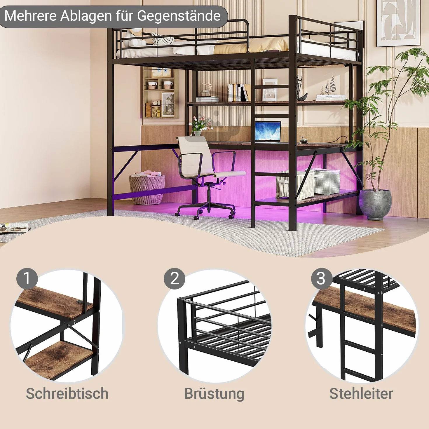 Seyakany cama Mezzanine Infantil 140 x 200 cm, cama Mezzanine de metal de 2 plazas con barreras y escalera, con tomas USB y eléctricas, con iluminación LED, escritorio, varias estanterías, sin colchón