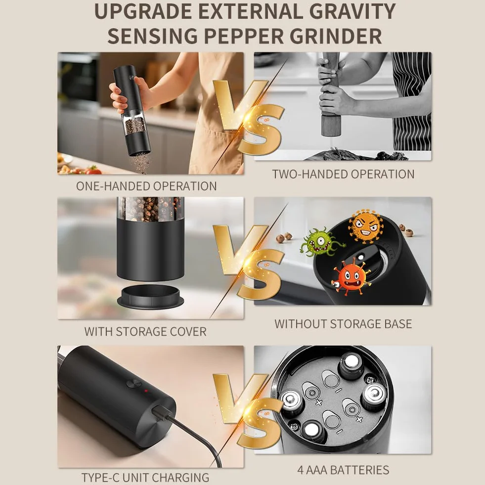 AXFEE Molinillo de Pimienta Eléctrico Recargable USB Tipo-C, 70 ml para la Cocina, Ajuste de Grueso, Funcionamiento con Una Mano, Molido Automático por Gravedad, para Cocina y Barbacoa(1 Unidade)