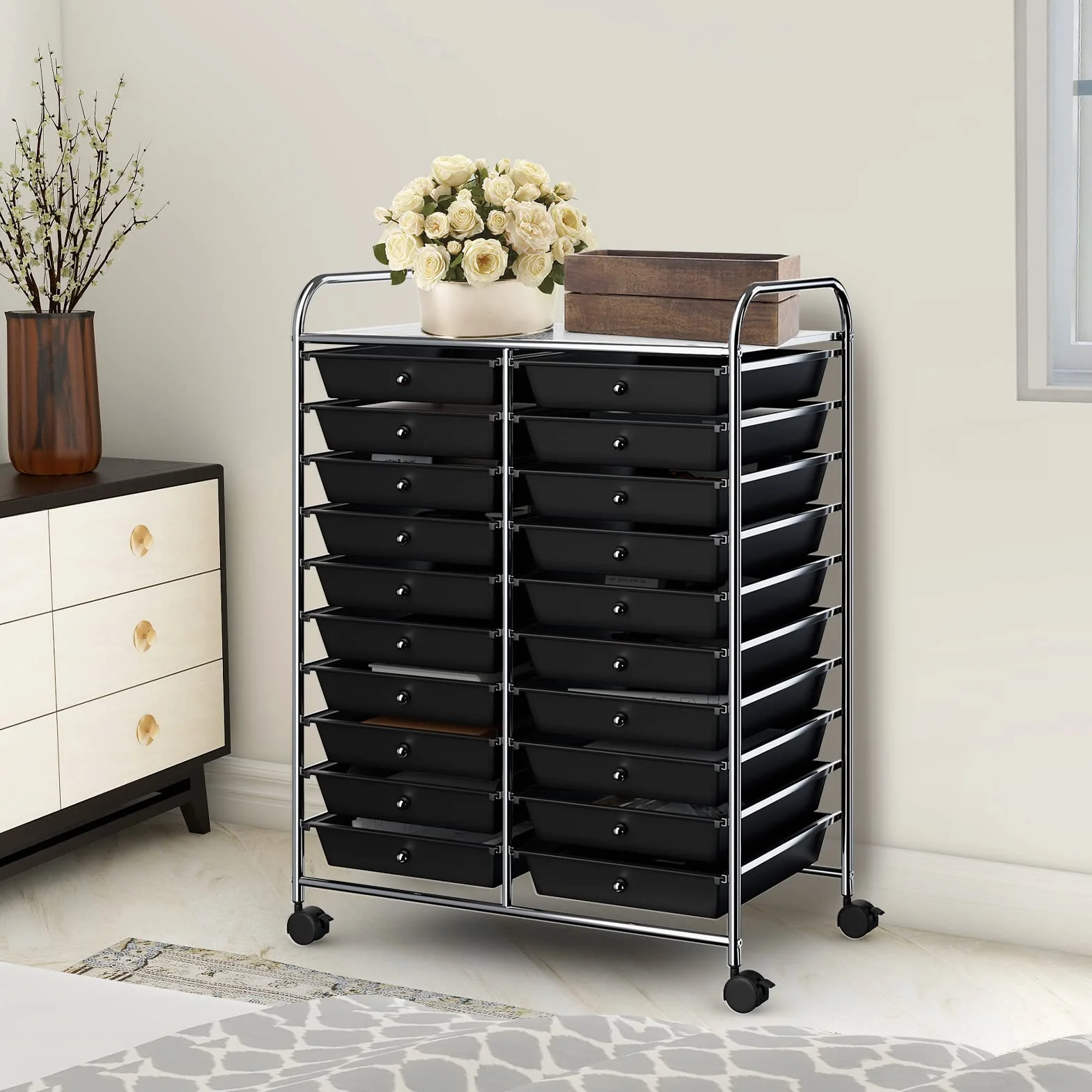 GOPLUS Carro de almacenamiento de metal con 20 cajones, torre de almacenamiento, carrito con 4 ruedas, 2 con frenos, cajones multicolores, ideal para salón, cocina, cuarto de baño (negro)