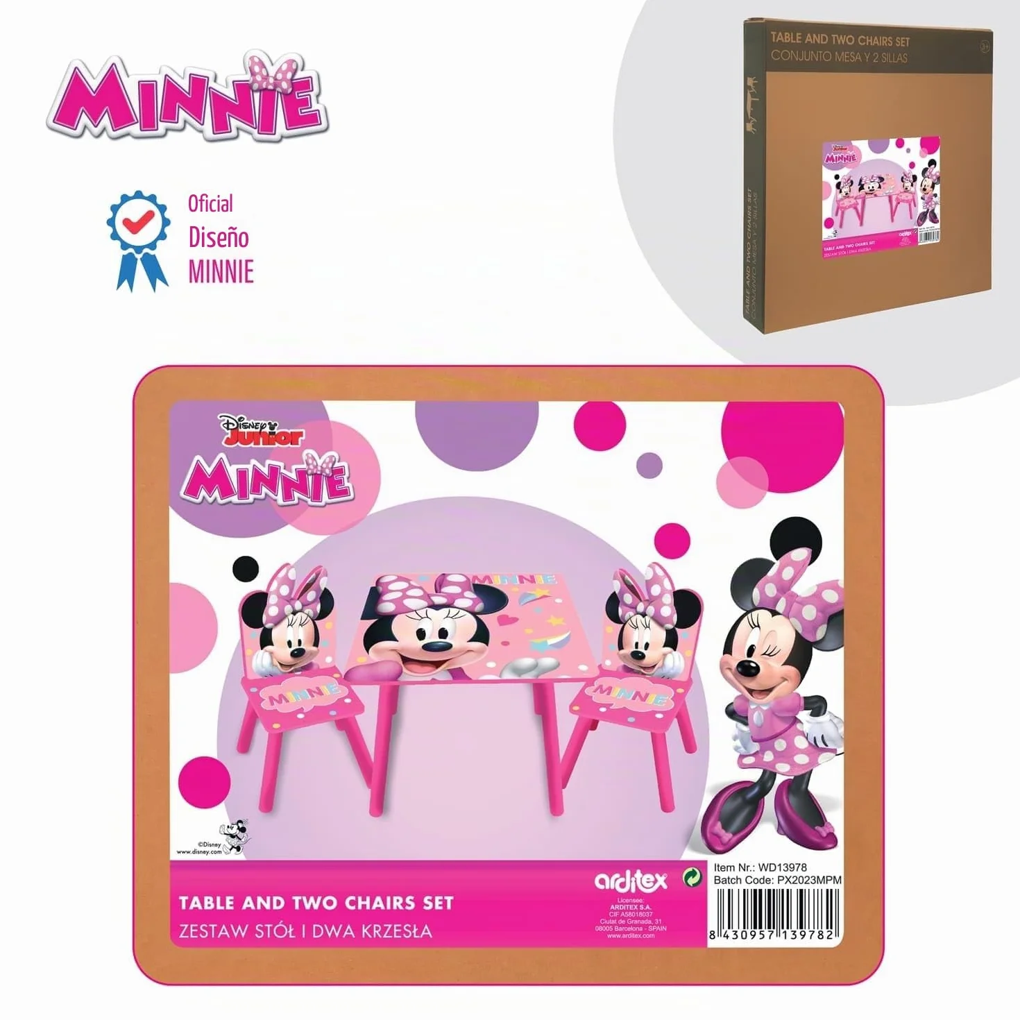 ARDITEX Minnie Mouse Set Mesa y 2 Sillas Infantiles Madera 50x50x44 cm